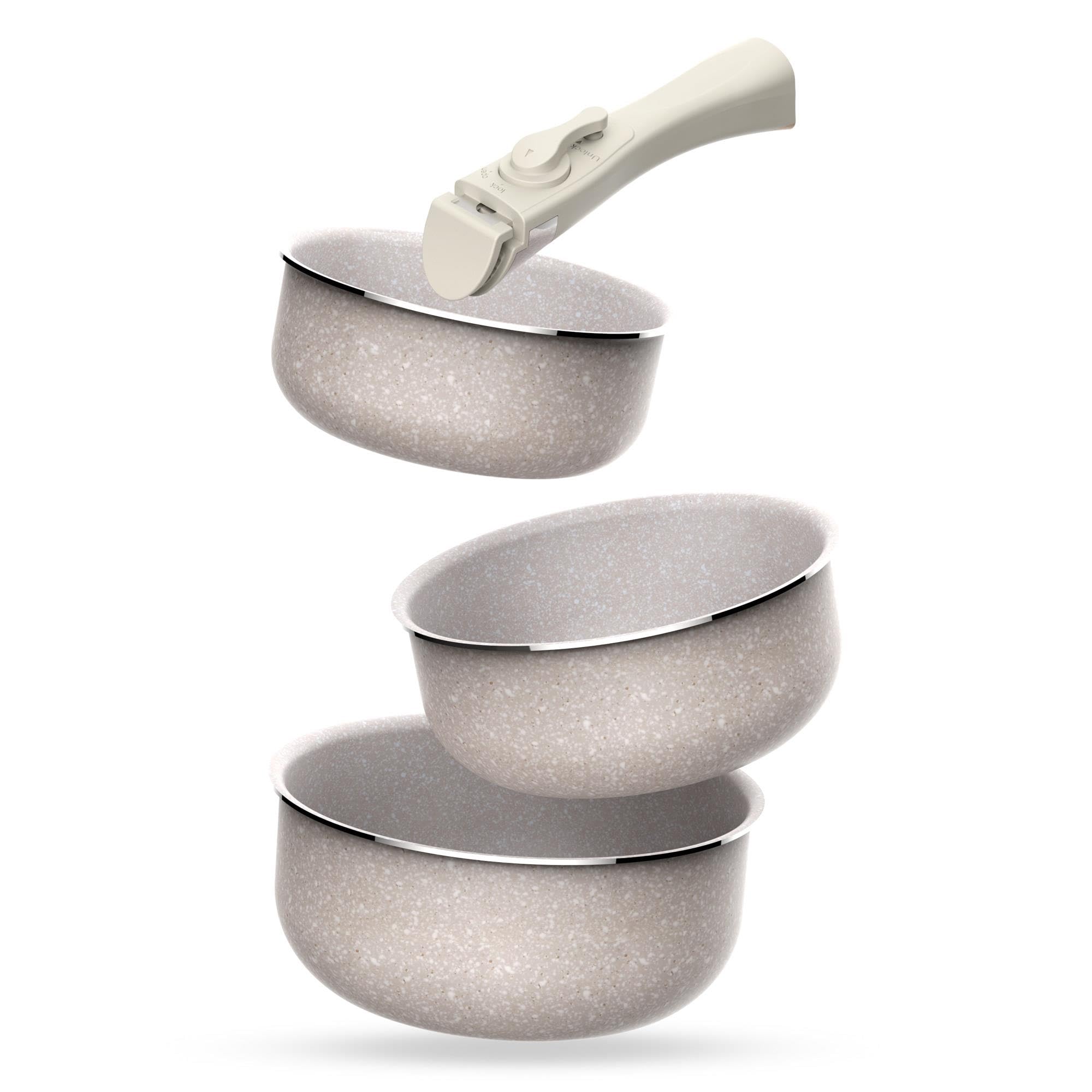 Juego de 3 Cacerolas Ø16Ø18Ø20cm en aluminio prensado con revestimiento ILAG + Mango extraíble Click&Cook, Apto inducción, antiadherentes, sin PFOA, apto lavavajillas y horno