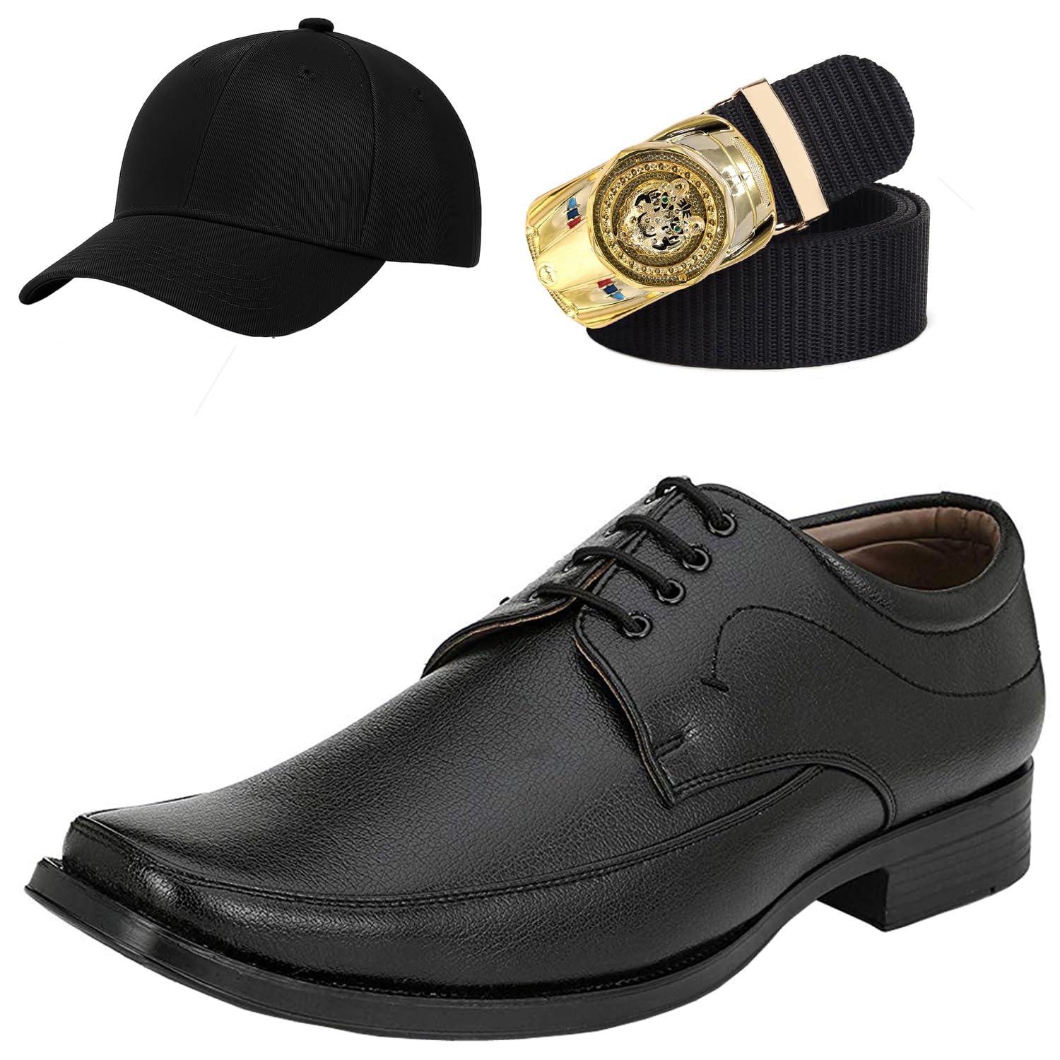 Formal Shoes with Free Base Ball Cap & Free Belt Combo for Men & Boys Black-image-47