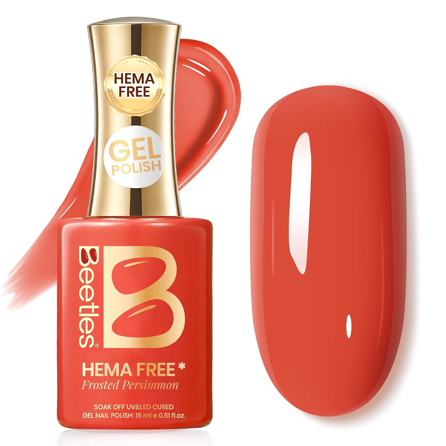 Beetles Orange Red Gel Polish - Frosted Persimmon Full Size 15ML/0.51Fl Oz, Hema Free Persimmon Orange Red Gel Nail Polish, Soak Off UV LED Lamp Fall Nails Art, Manicure Salon DIY Nails