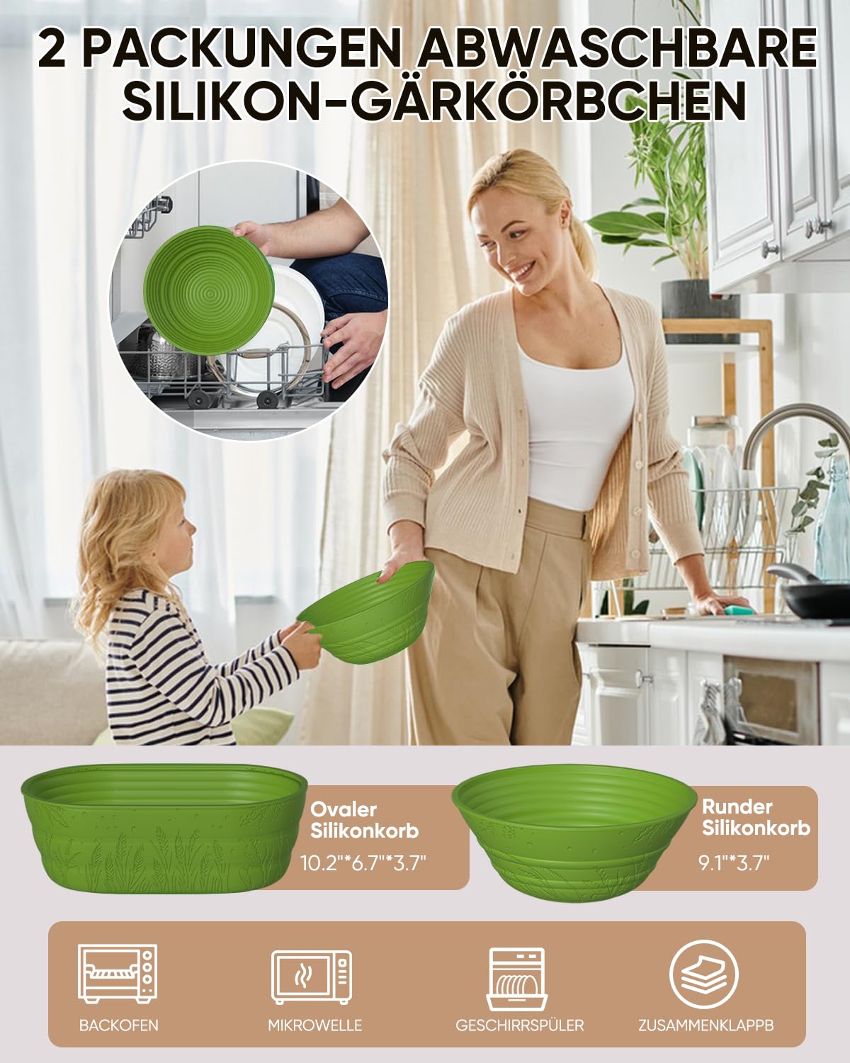 Sauerteig Starterset aus 2x Gärkörbchen Silikon 1000ml Gärglas mit Spatel,Brot Backen Zubehör Teigschneider Dänischer Teigbesen