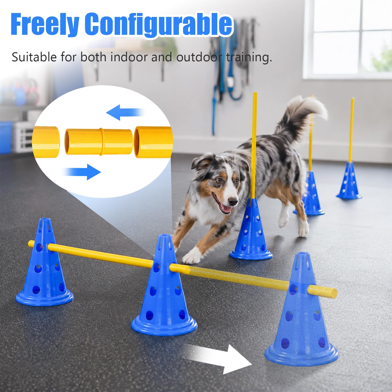 Agility Set Hunde, 5 Hürden (10 Kegel 30cm Höhe+ 10 Stangen 40cm Lang)