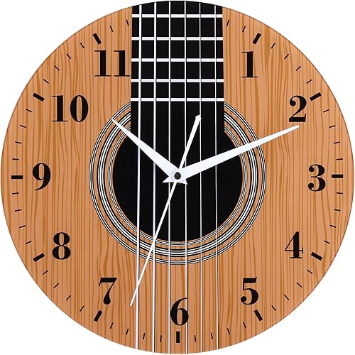Reloj de pared con temática musical de 12 pulgadas con esfera de guitarra de madera, movimiento silencioso y funciona con pilas, gran decoración