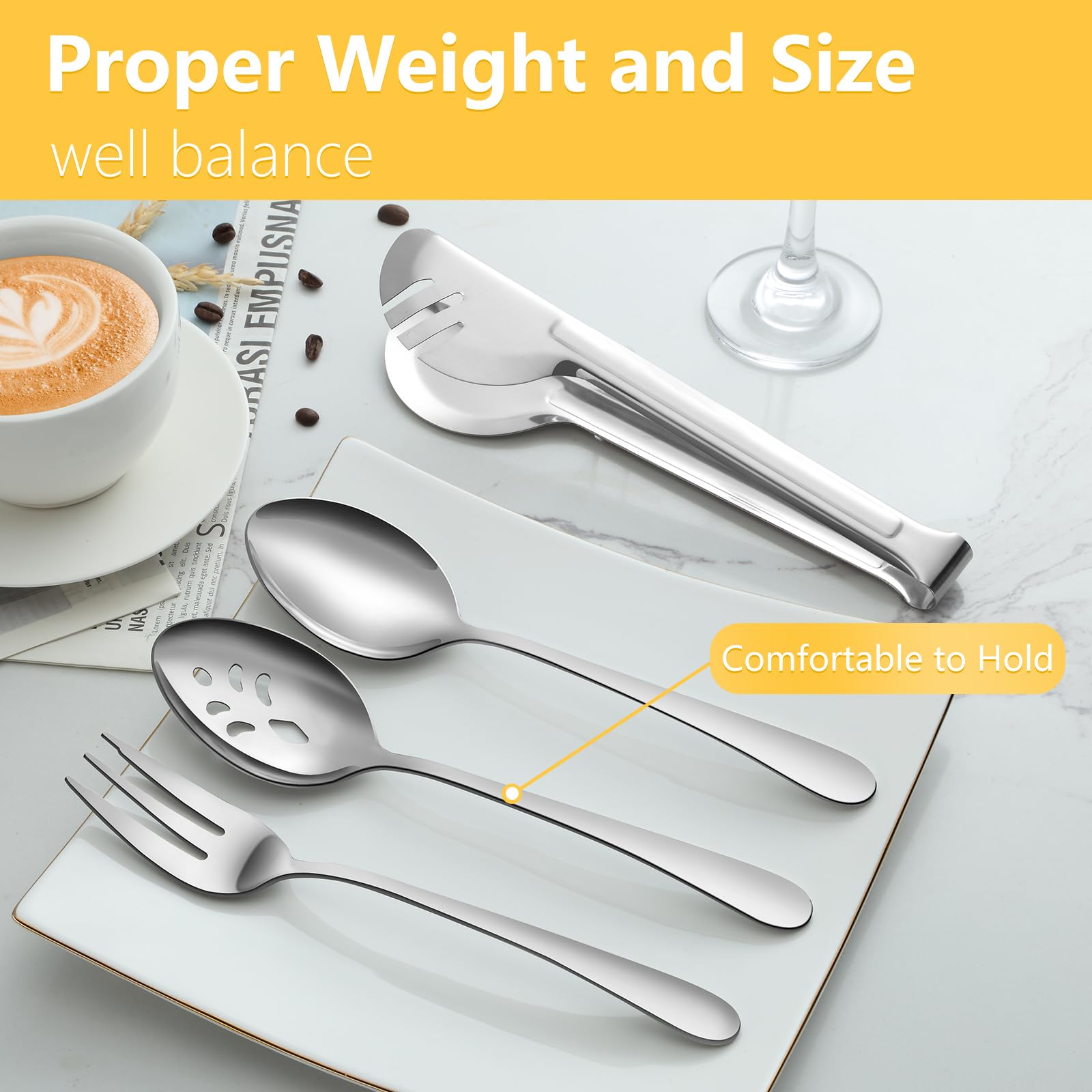 Pleafind Set di 16 utensili da portata, in acciaio inox, con cucchiai da portata, cucchiai da portata scanalati, forchette da portata e pinze da portata, utensili da portata per feste, buffet e