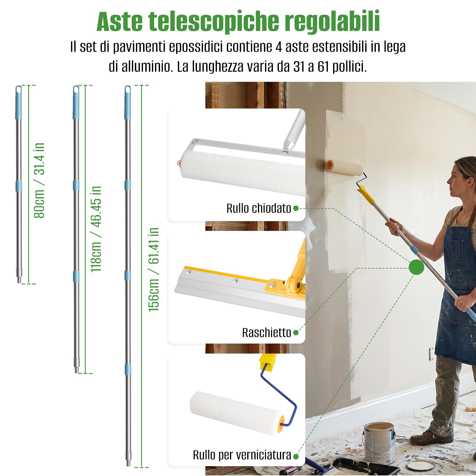 Set di attrezzi per rivestimento del pavimento, in resina epossidica, con rullo di sfiato, scarpe per unghie, raschietto per grandi superfici e asta telescopica, per la massa di compensazione