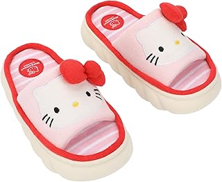 Hello Kitty 3D Character Face Art Women's Pink & White Striped Open-Toed Slide Slippers