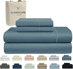 Cloud Scape Linen 100% Egyptian Cotton 4 Pcs California King Sheet Set, 1000 Thread Count,Hotel Quality, Silky Soft, Breathable, Durable, Deep Pockets up to 17, Estate Blue