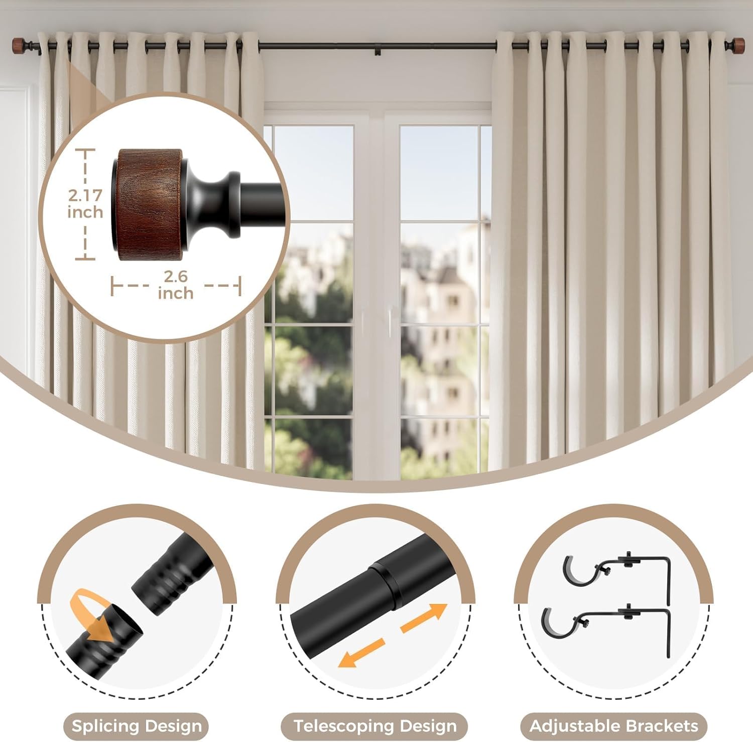 Wood Curtain Rods for Windows 66 to 120 Inch, 1” Diameter Adjustable Curtain Rod with Imitation Wood Grain Finials, Decorative Heavy Duty Drapery Rod Set, Indoor/Outdoor Modern Curtains Rods, 30-120”