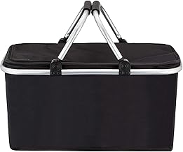 Foldable Insulated Oxford Folding Collapsible Picnic Baskets 26L, Cooler Bag, Shopping Basket, Collapsible Picnic Cooler with Aluminium Handle for Food, Camping, Work or Outdoor Hiking Black