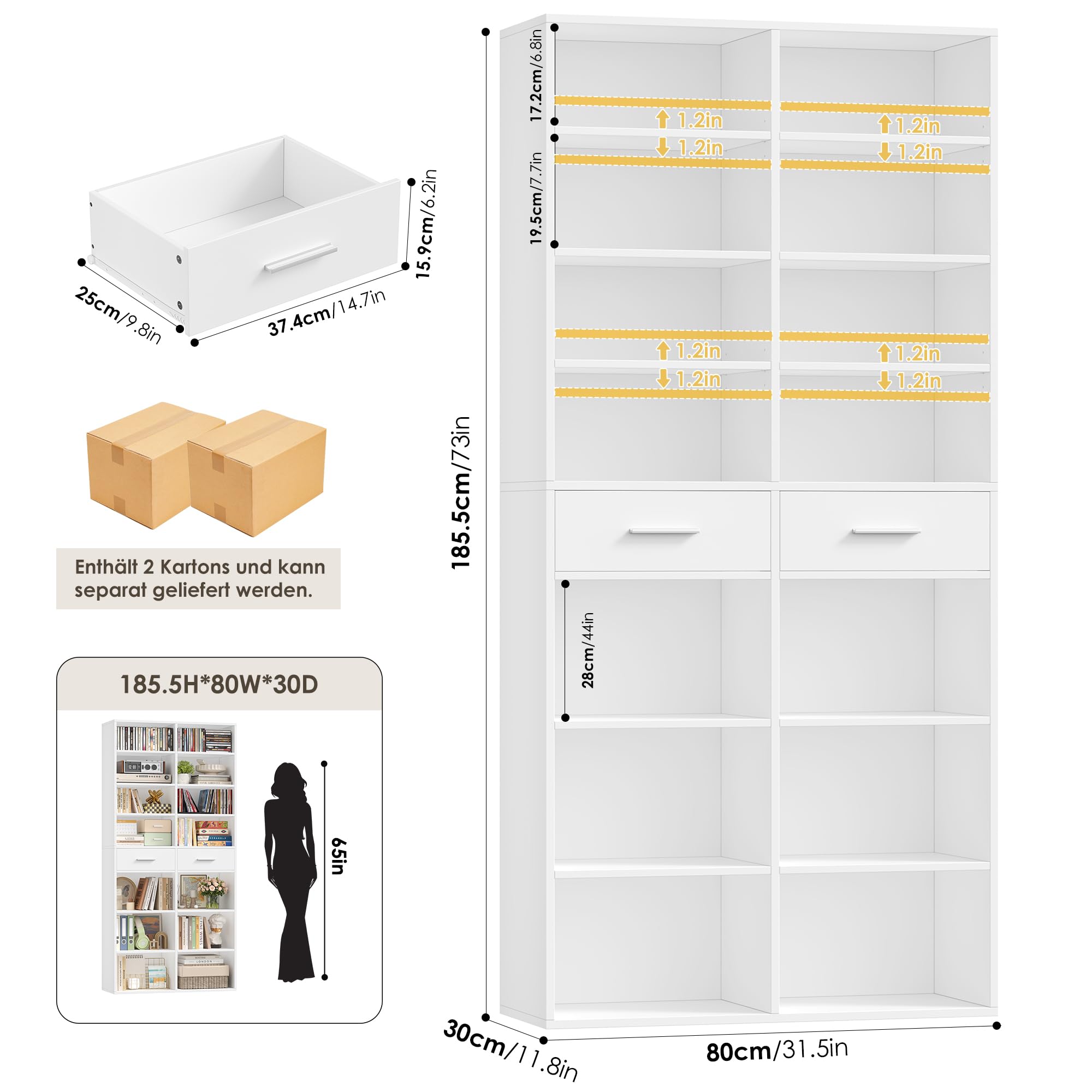 HOCSOK Bücherregal, 185,5 cm Hoch Standregal mit 2 Schubladen, 8 Ebenen | Bücherschrank Regal Offenes Aufbewahrungsregal für Arbeitszimmer, Büro, Wohnzimmer, Schlafzimmer, Weiß/Schwarz