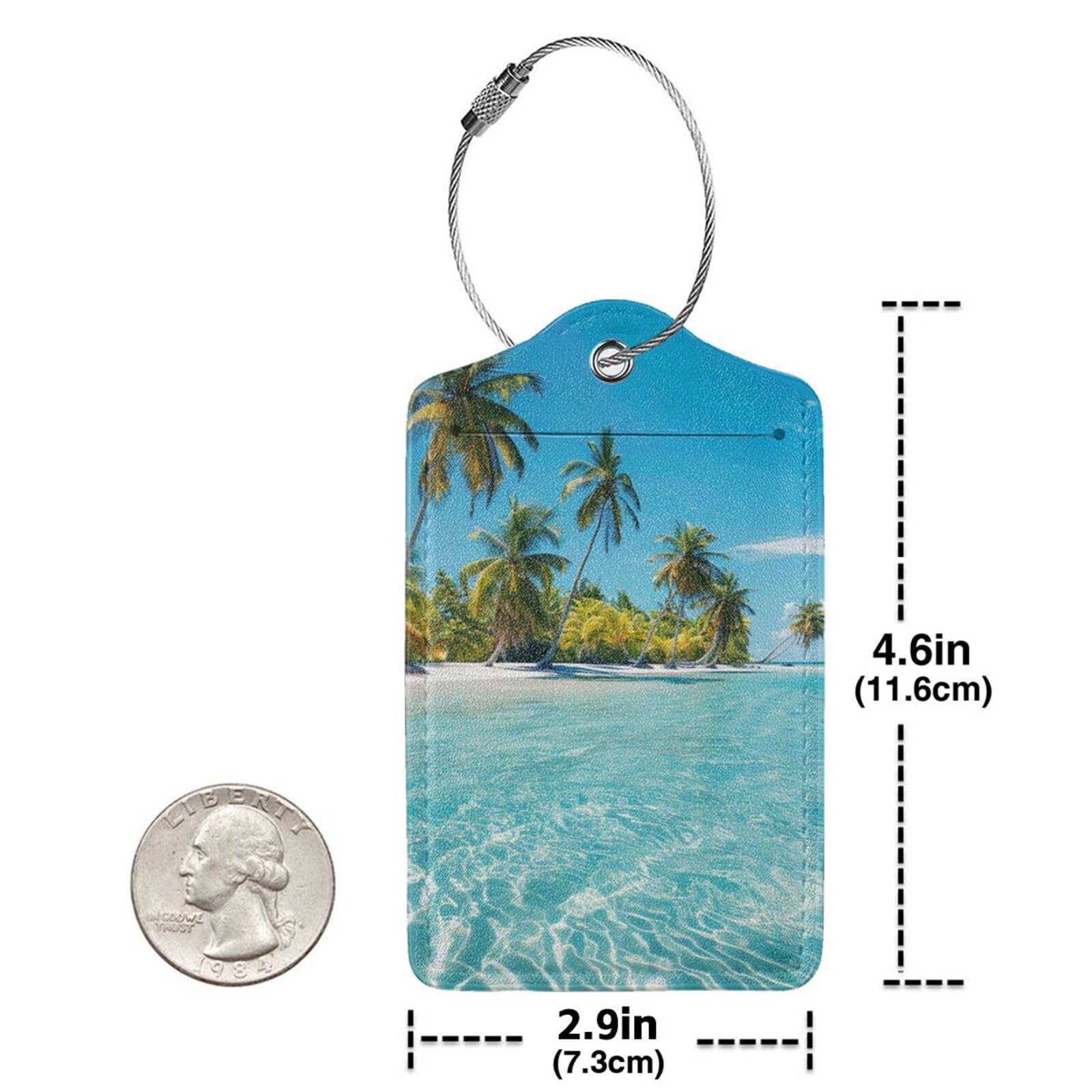 4 etiquetas de equipaje de piel sintética para maleta, isla de playa tropical, verano, océano, palmera, etiqueta de equipaje con bucle de acero inoxidable, etiqueta de identificación de cubierta de