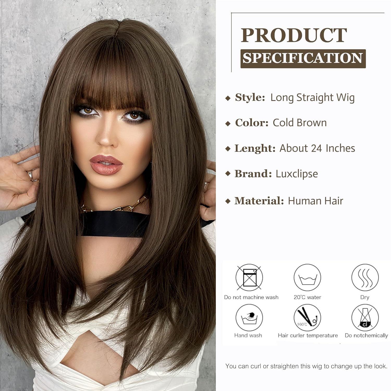 Natural Black Long Layered Straight Wig with Bangs for Women for Daily Party Use Wigs Human Hair (Brown,18 Inch)