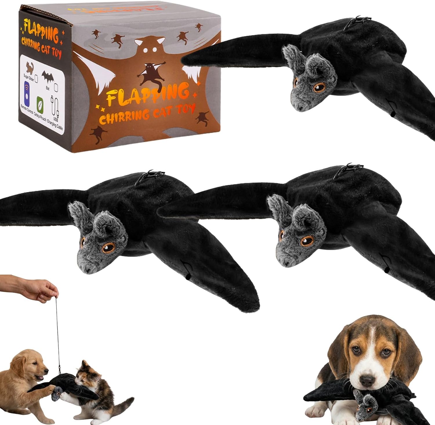 Flying Bat Dog Toy, Remote Controlled Electric Flapping Bat Dog Toy, Bats Shaped Interactive USB Rechargeable Plush with Flappingwings for Hyperactive Puppies, Cat,3PCS