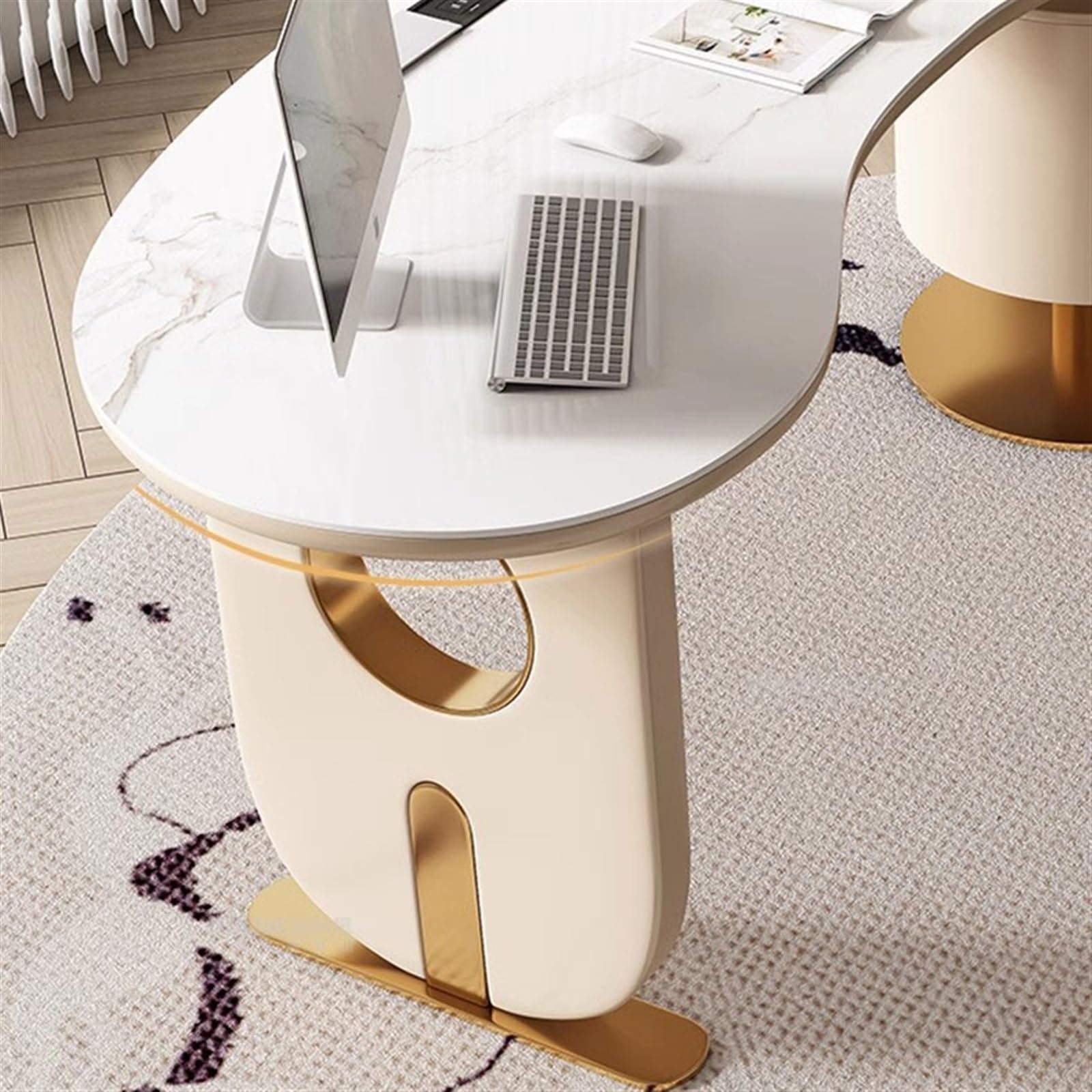 Nowoczesne zakrzywione biurko do gier – francuskie kremowe wykończenie łupkowe, lekki luksusowy stół PC do domowego biura, designerski styl, 140 x 77 x 75 cm, idealne do gier i konsultacji
