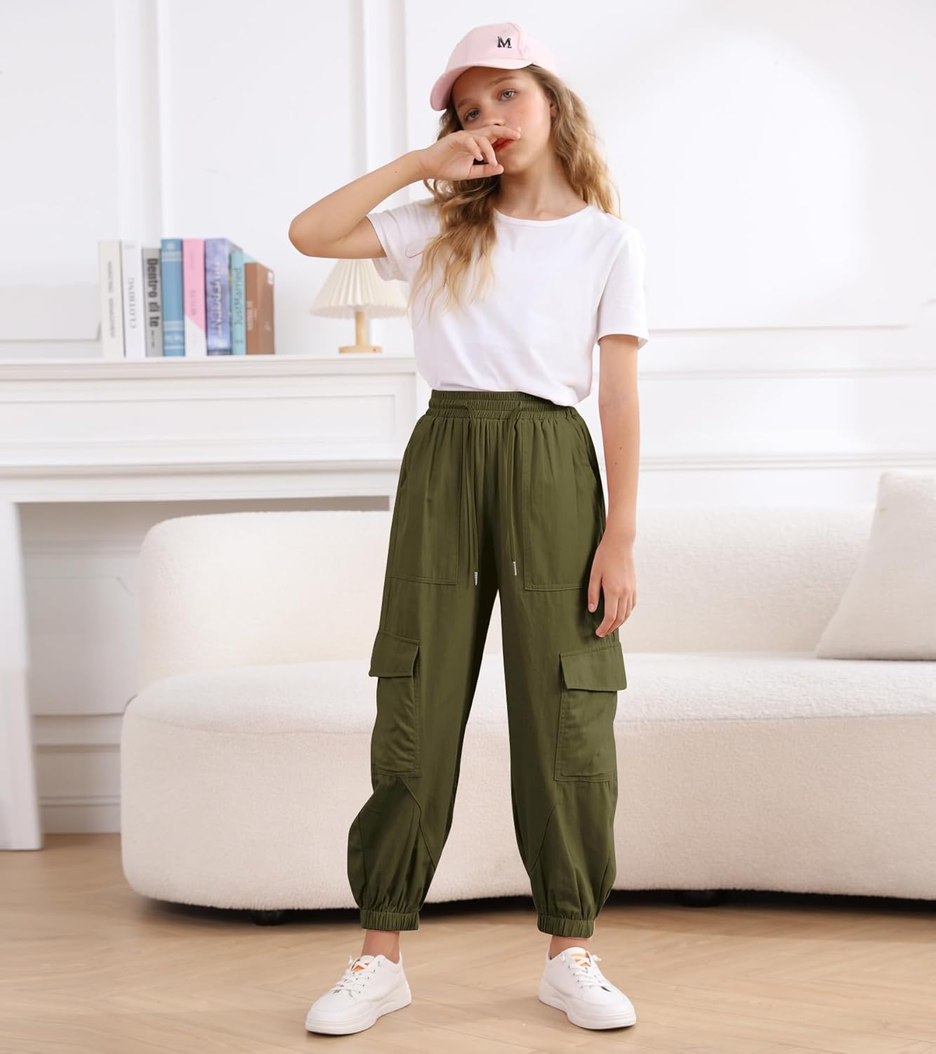 Girls Cargo Pants Baggy Joggers Lightweight Elastic Waist Drawstring with Pockets Casual Travel Hiking Streetwear - Image 5