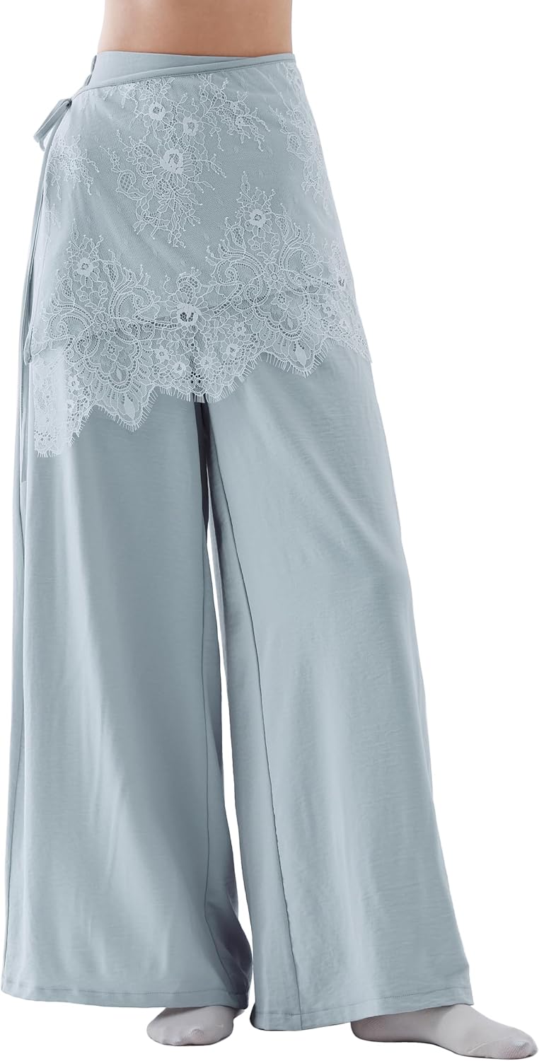 Angcoco Women's 2-in-1 Lace Overlay Wide Leg Pants
