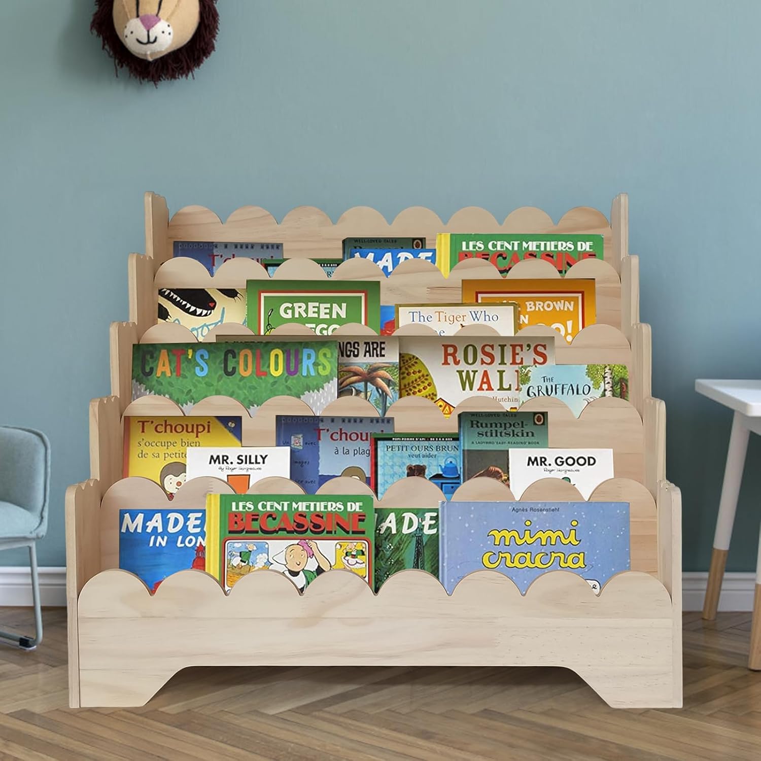 5 Tier Large Kids Scalloped Bookshelf Wooden Scalloped Shelf Children Montessori Bookshelf for Kids Room Toddler BookShelves Scalloped Children BookShelves for Nursery ClassRoom LivingRoom
