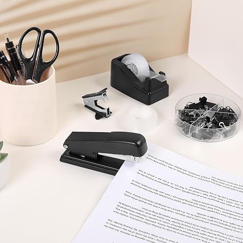 Miniatura 8 de SKYDUE Juego de suministros de oficina negros, accesorios de escritorio negros, grapadora, dispensador de cinta, tijeras, carpeta/clips de papel y