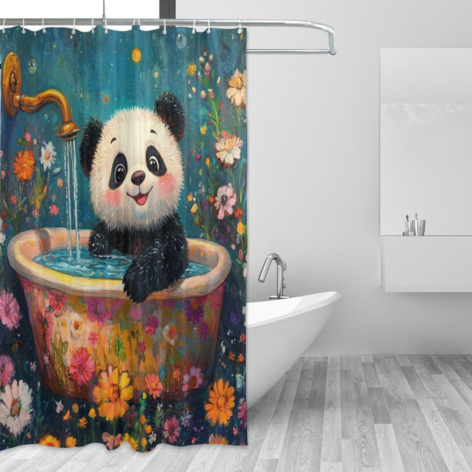 72x72 Inch Water Repellent Material Shower Curtains with Washable Fabric Large Curtain Liner for Bathroom Tub Cartoon Panda Retro Bathtub