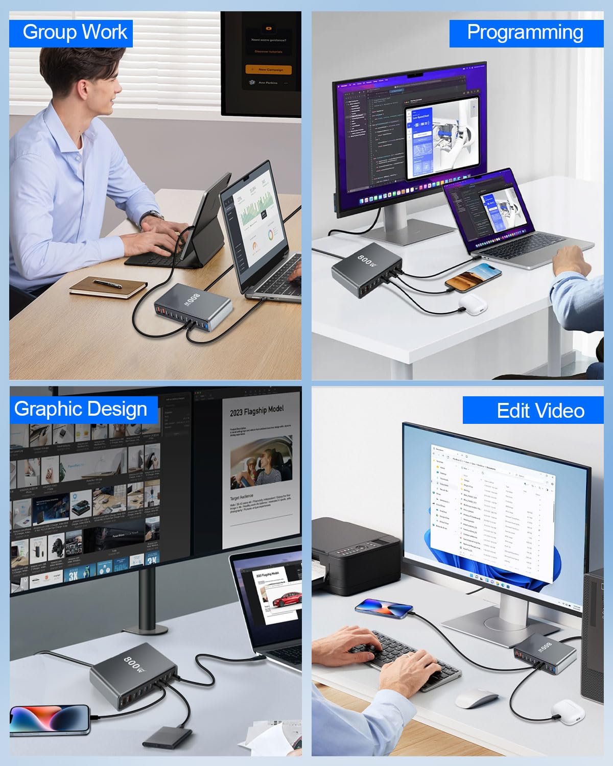 Cargador USB múltiple de 800 W, 10 puertos, cargador rápido con 8 USB C + 2 USB A, estación de carga para varios dispositivos compatible con Mac-Book, Pad, Phone 16/15/14 Serie, G-alaxy S22/S20, D-ell