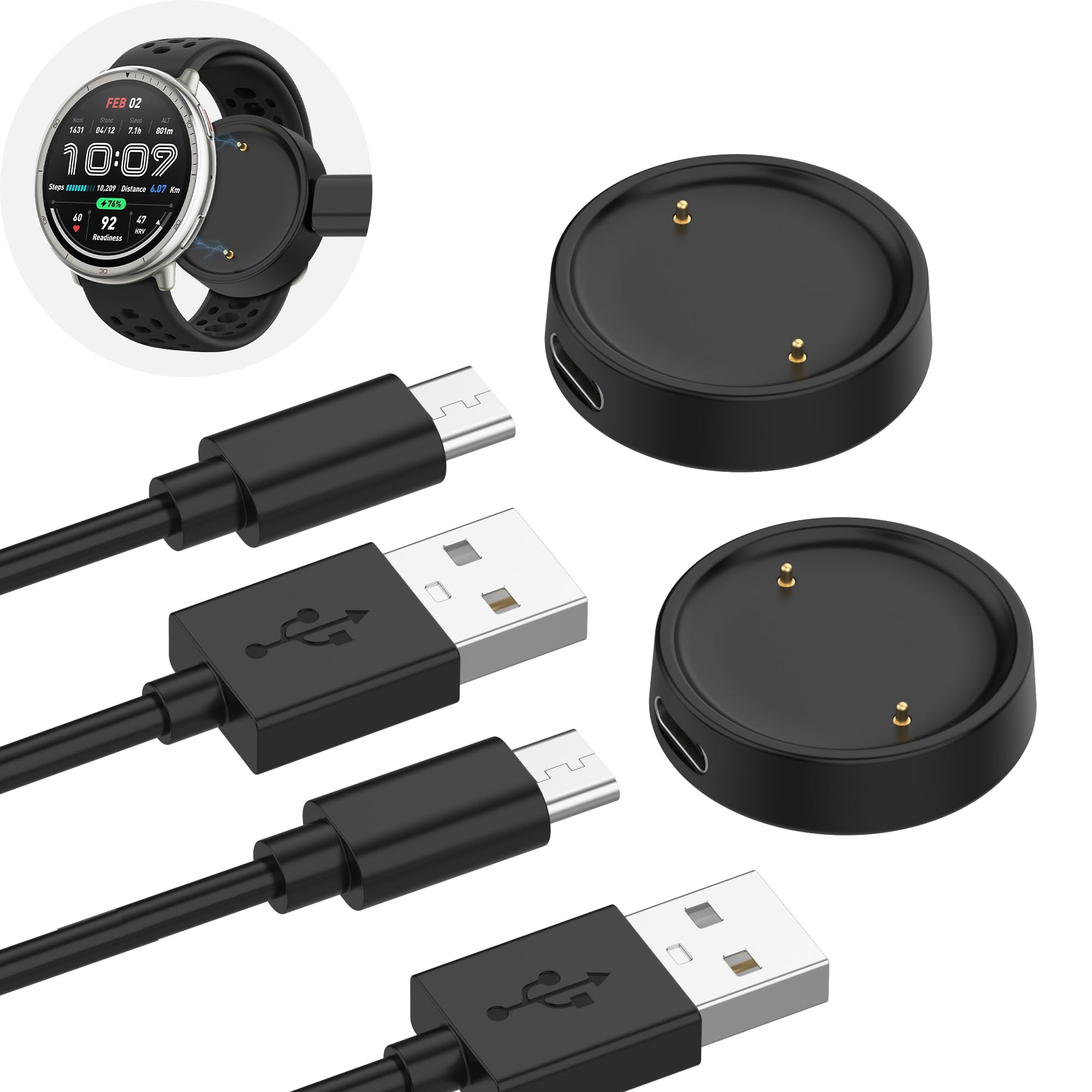 2 Packs USB-C Charger Compatible with Amazfit Active 2 / Amazfit Bip 6, Replacement Charging Dock, 100cm Charging Cable for Amazfit Active 2 / Amazfit Bip 6 - Black-image-4