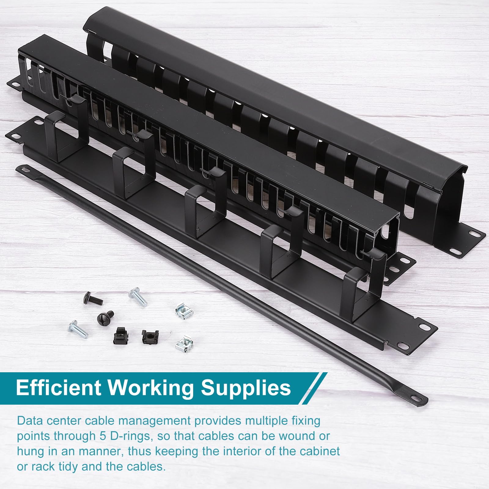 PATIKIL 1U 5 D-Ring Cable Manager, 5 Pezzi 19 Pollici Metallico Montaggio Orizzontale Rack Gestione Cavi Per Rack, Armadi Server, Nero