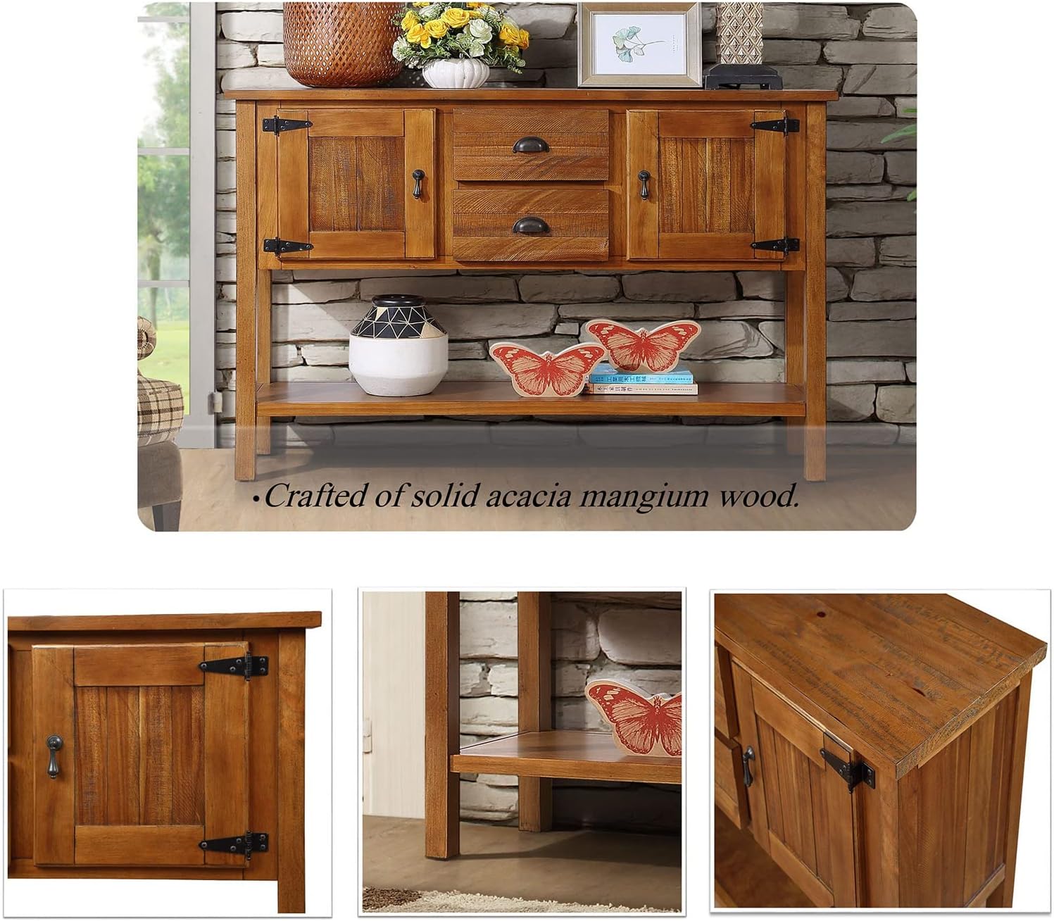 LKTART 46'' Sideboard Console Table Farmhouse Buffet Cabinet with Storage Drawers and Bottom Shelf for Living Room Kitchen Entryway Hallway Foyer Table Cupboard Coffee Bar Cabinet(Brown)