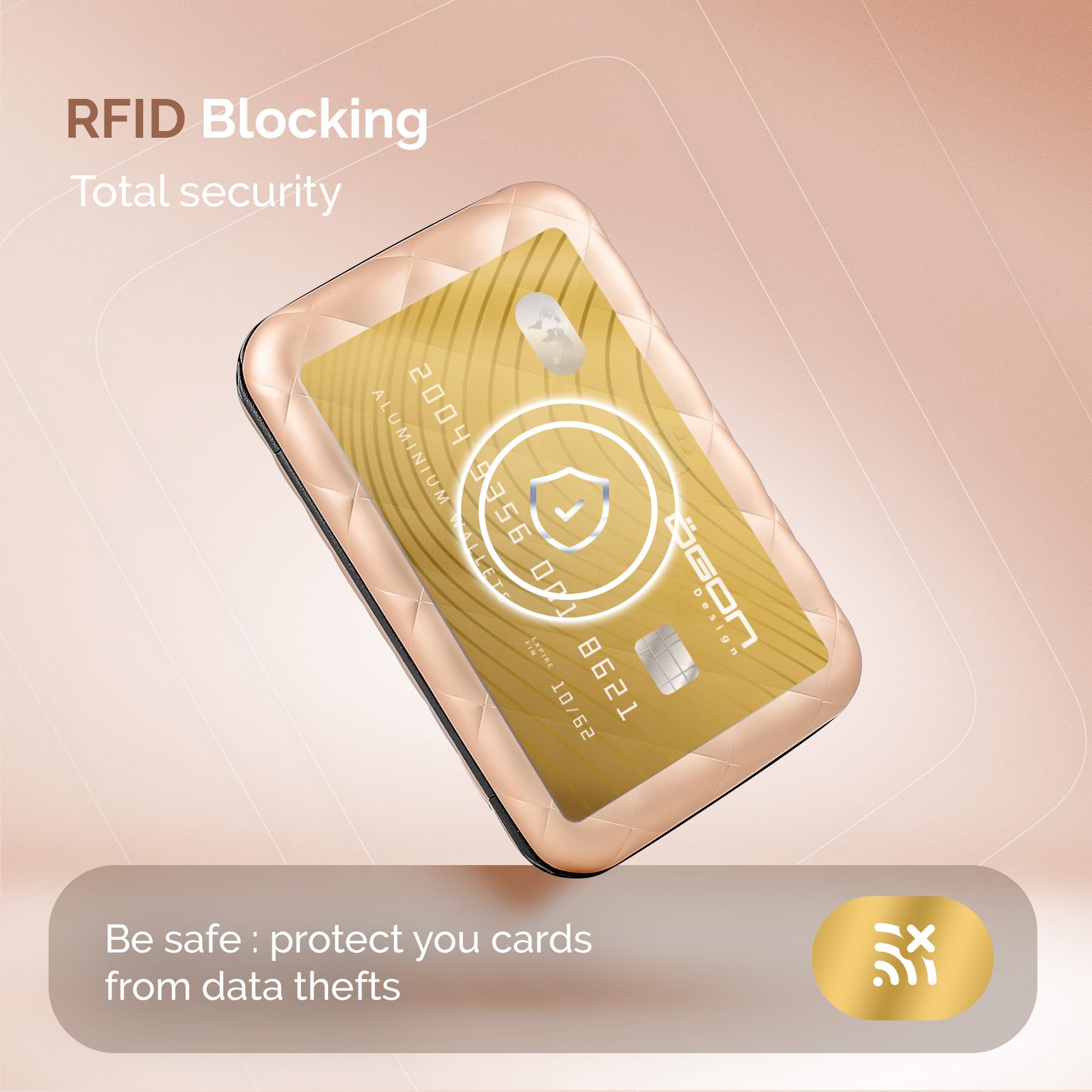 Ögon Inteligentne portfele - Aluminiowy portfel Quilted Button - Kobiety - Etui na karty blokujące RFID - Do 10 kart i banknotów (różowe złoto)
