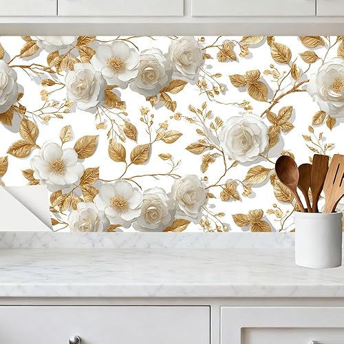 Miniatura 4 de Gold and White Flower PVC Wallpaper Sticker 78.74x15.75 Inch Elegant Leaf and Blossom Design Self Adhesive Decorative Wallpaper Decal for Bedroom
