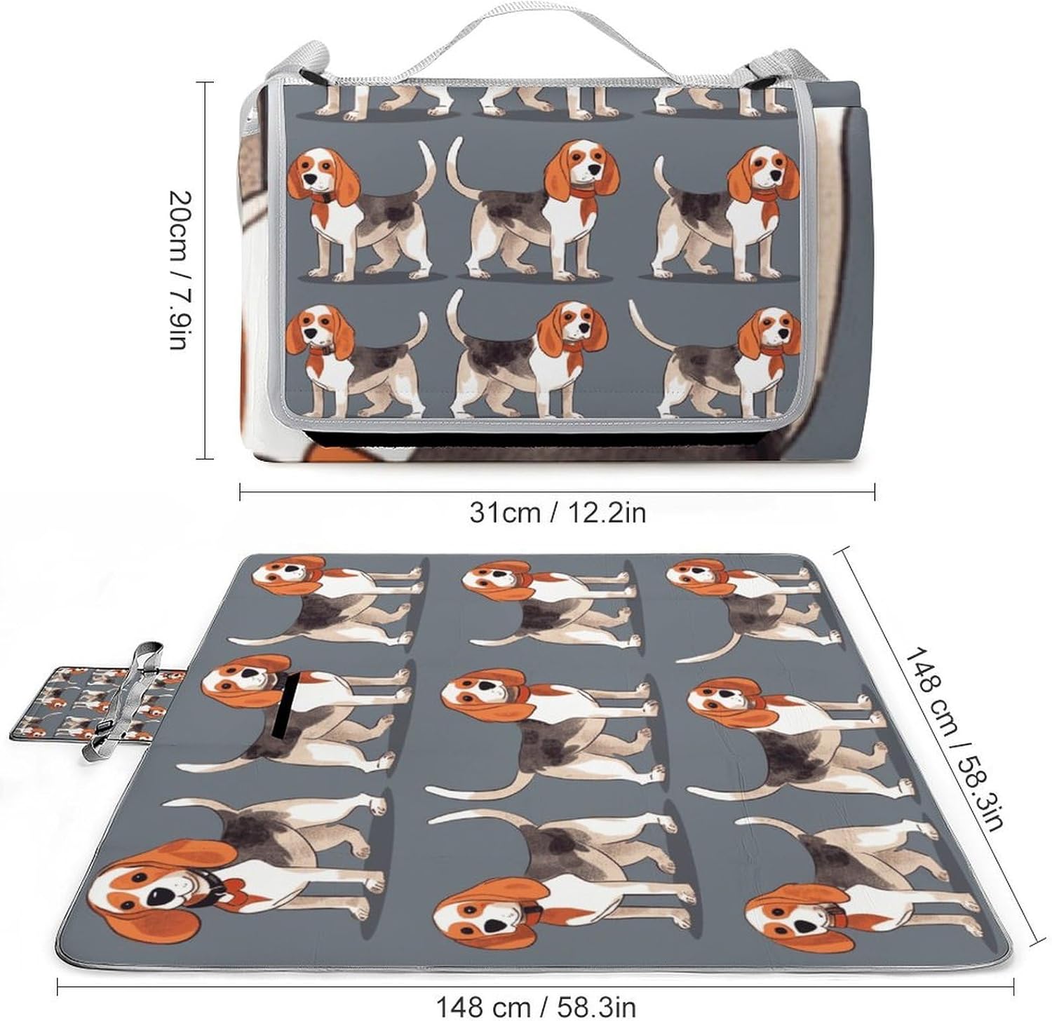 Beagle Patterns Waterproof Picnic Blanket 58.3''x58.3'',Portable and Foldable Picnic Mat with Handle,Outdoor Blankets for Lawn Park Beach Travel