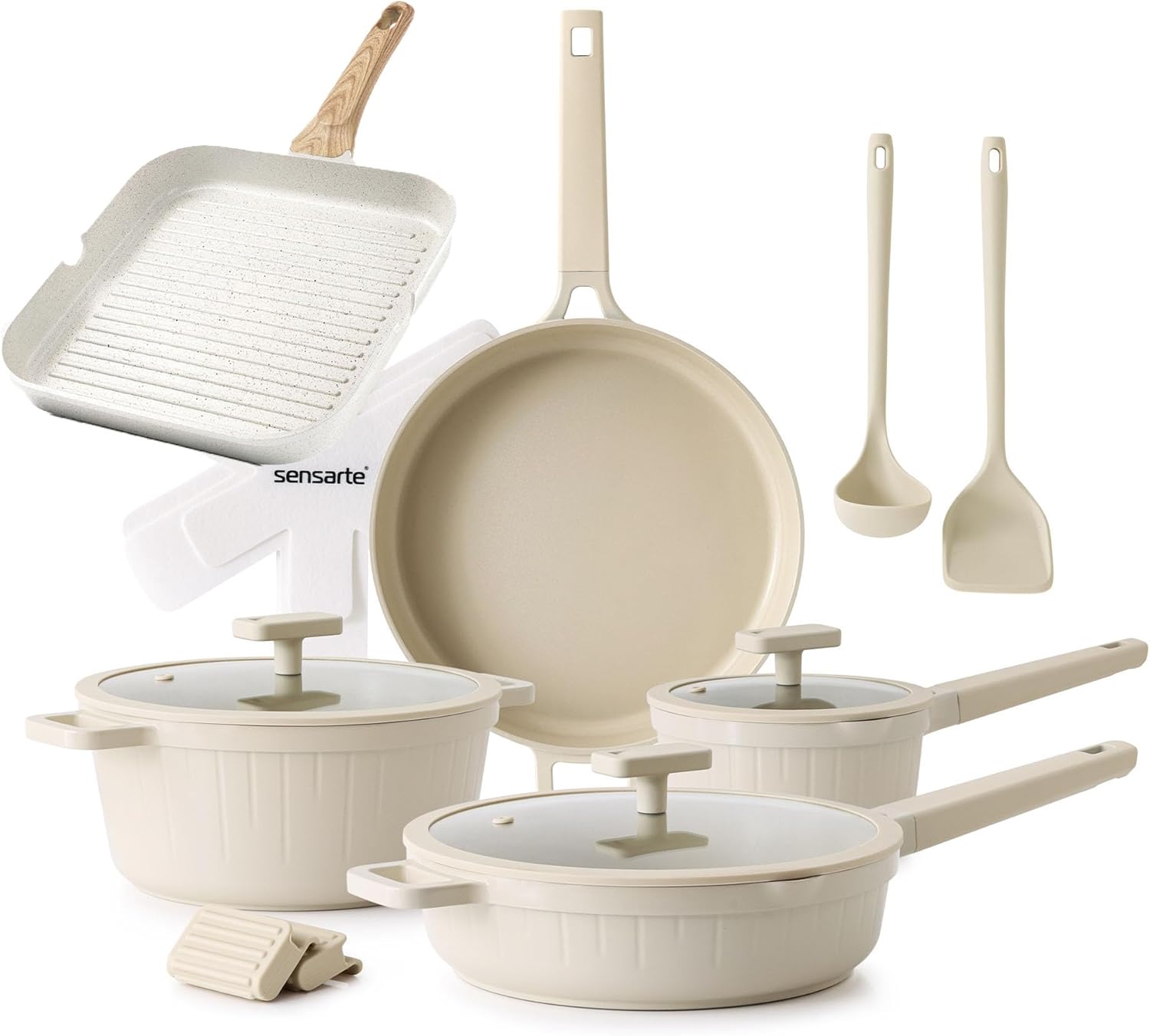 SENSARTE 15 Piece Nonstick Cookware Set, includes 9.5 inch Grill Pan, Induction Kitchen Set