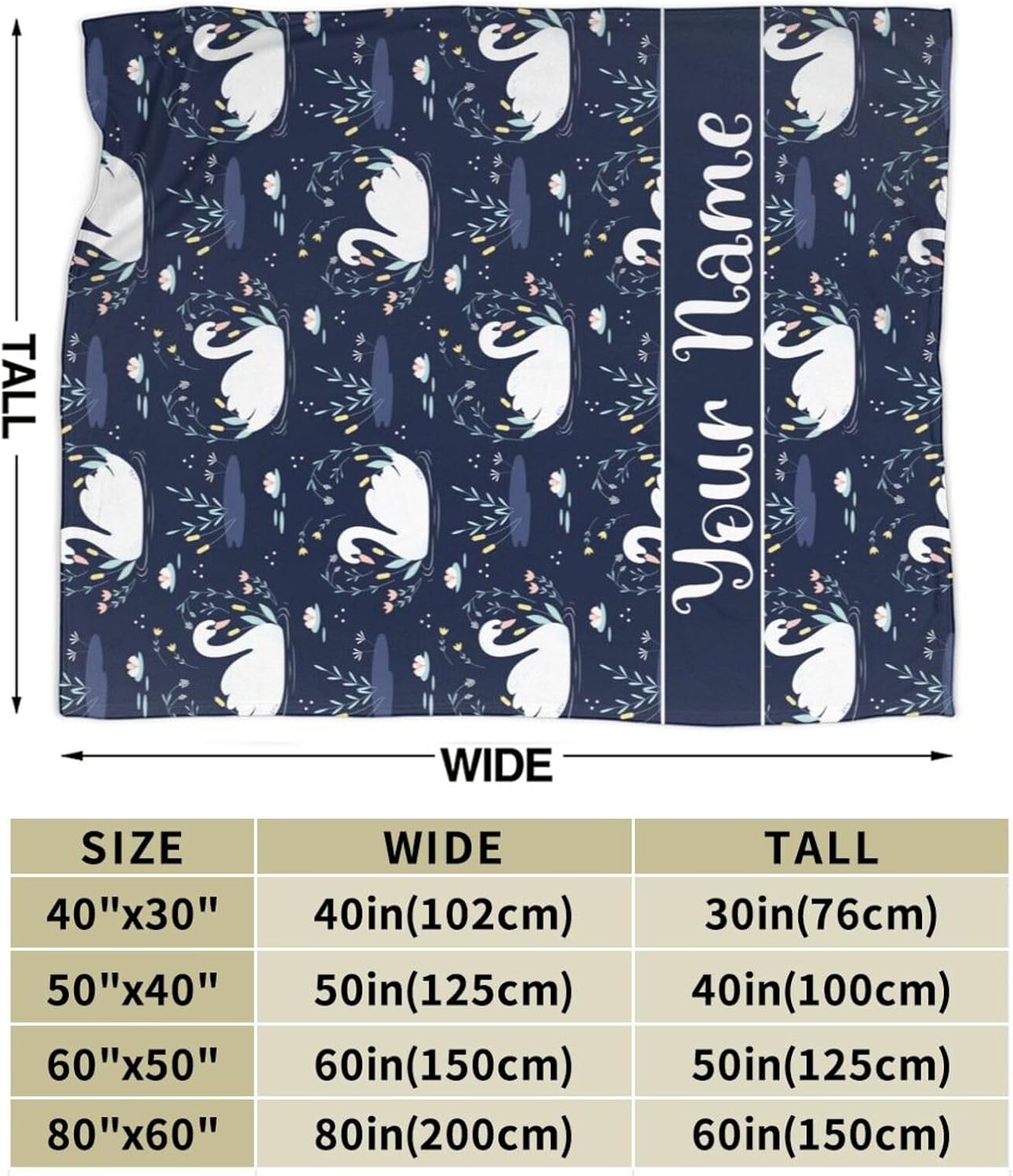 Custom Swan Blanket with Name for Women Men, Personalized Cute Swan Themed Design Printed Throw Blankets for Teens Adults Lap, Chair Sofa, Giftable Blanket, 50"x 60"
