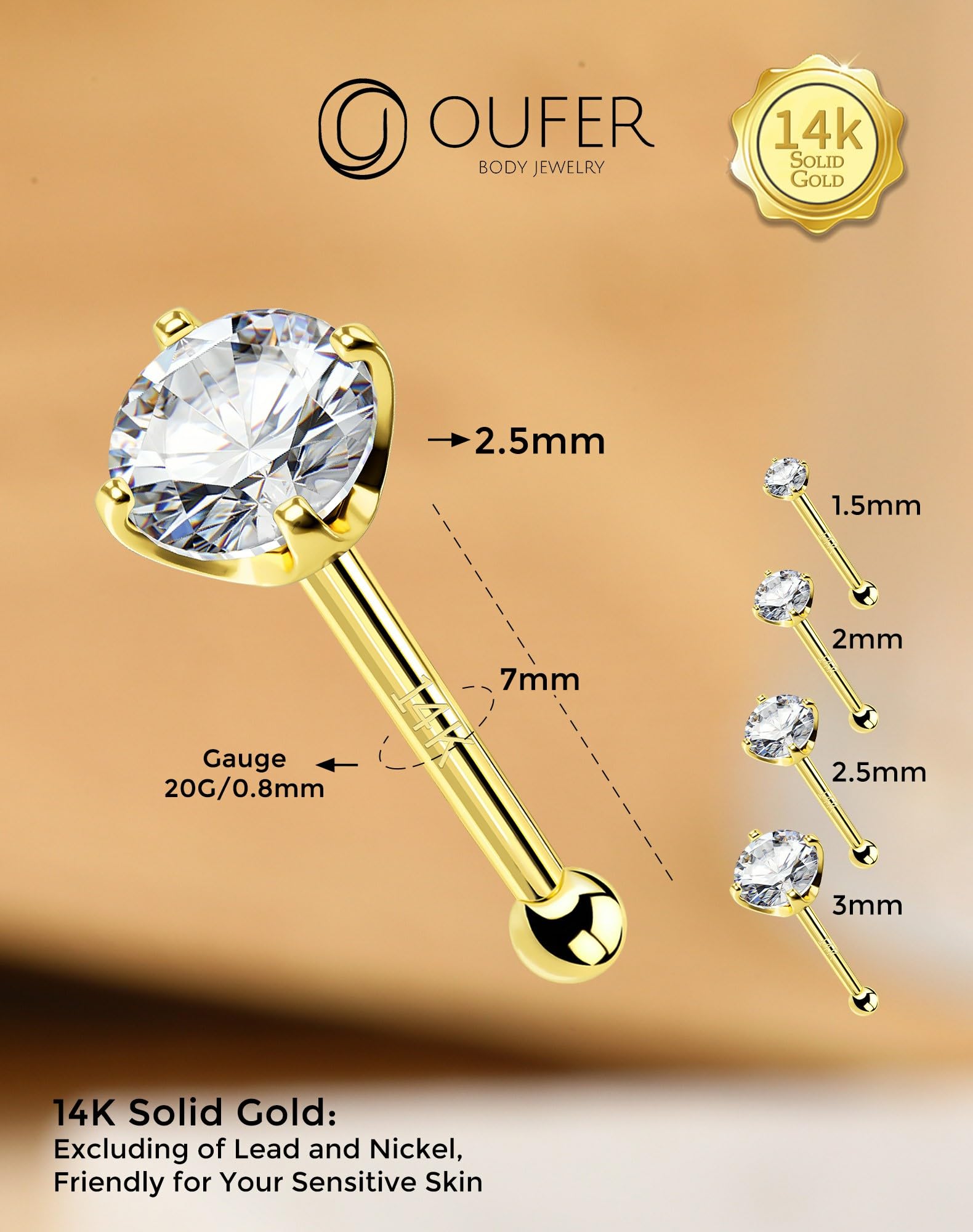 OUFER Body Piercing Nasenpiercing Nose Stud 14K Gold Nose Bar Clear 1.5/2/2.5/3mm CZ Nose Rings Bone Studs 22G Nostril Piercings Tiny Nose Piercing Jewelry for Women Men