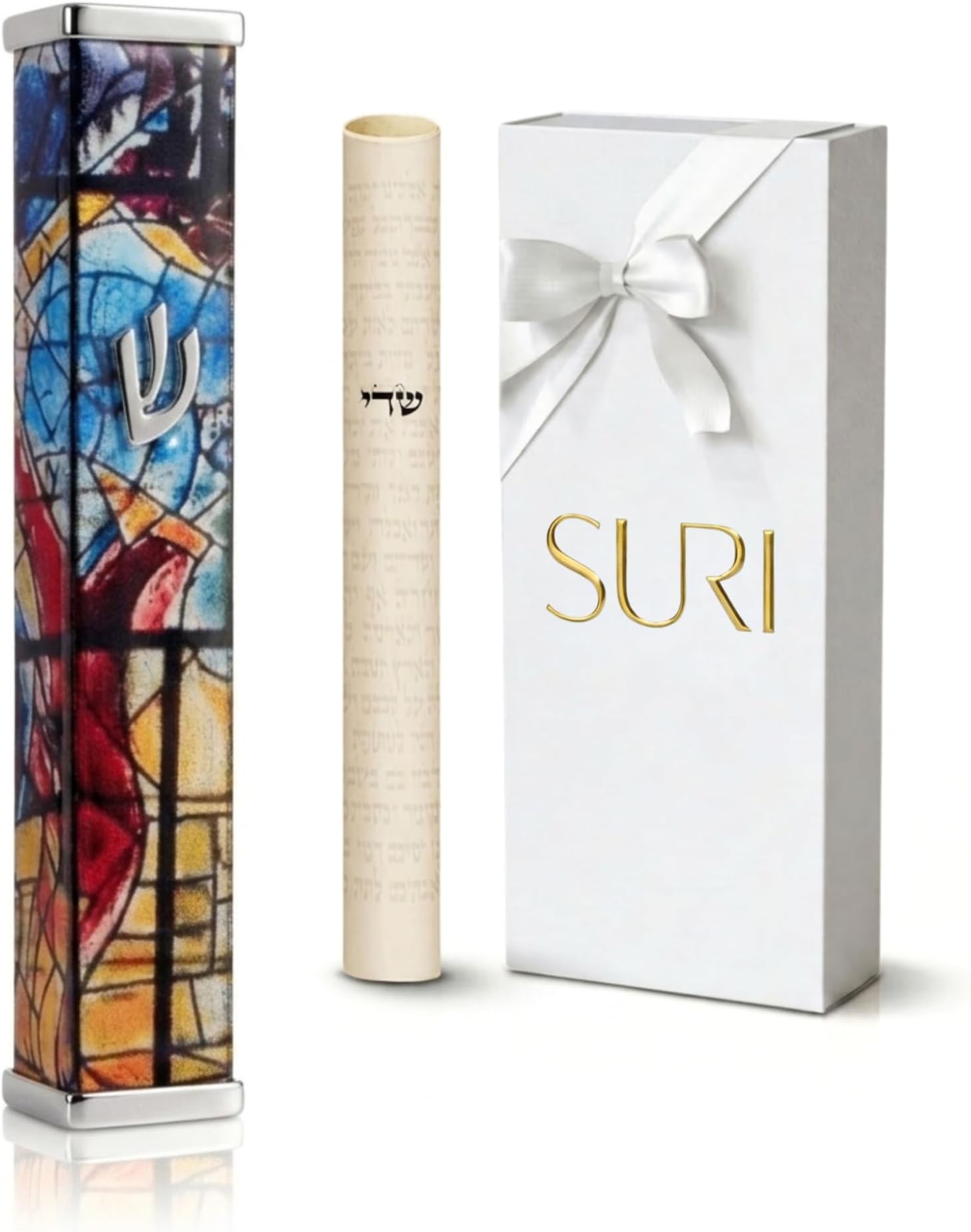 SURI Mezuzah for Door with Printed Scroll Inside | 4" Modern Mezuzah Case in Yellow & Silver Marc Chagall Design | Adhesive Included - Ideal Jewish Gift from Israel