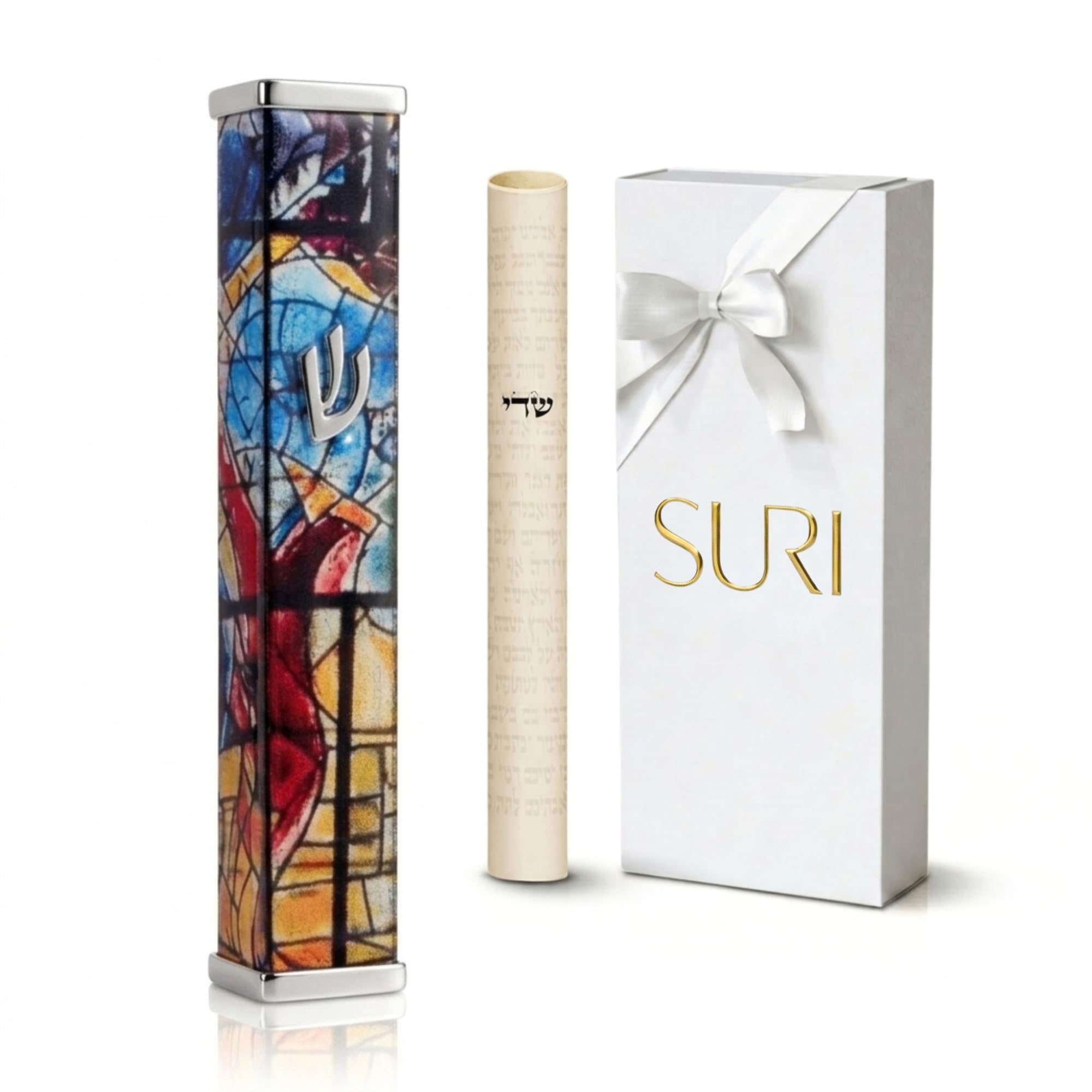 SURI Mezuzah with Scroll for Door | 4 Inch Modern Aluminum Mezuzah Case | Fits 3 Inch Scroll | Gold &amp; Silver Chagall-Inspired Design | Self Adhesive Easy Install | Judaica Jewish Gift