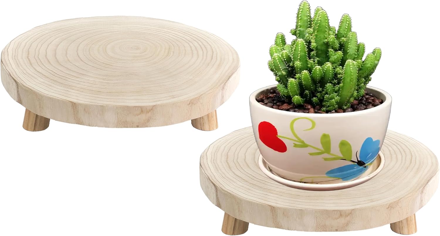 CYS EXCEL 2 Pcs Wooden Plant Stands Modern Raised Display Risers for Indoor Planters Round Natural Wood Slice Pedestals with Short Legs for Tabletop Decor Rustic Boho Home Accent, 11 Inch Diameter