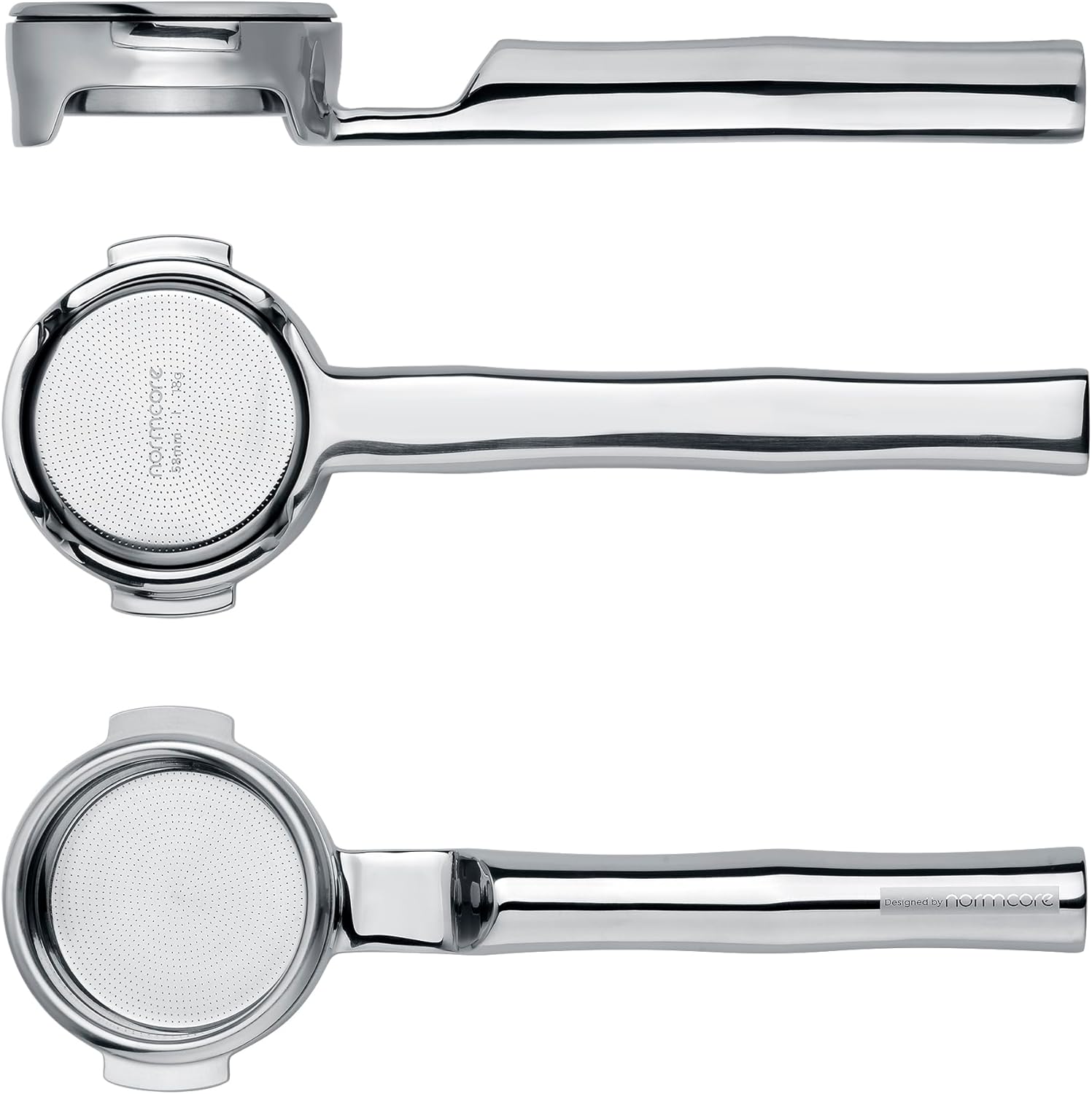 Normcore 58mm All Stainless Steel 180° Horizontal Lay-Flat Bottomless Portafilter - Fits E61, ECM, Rocket, Flair 58, Profitec - 18g High Extraction Basket, Includes Puck Screen, 200 Papers Filter