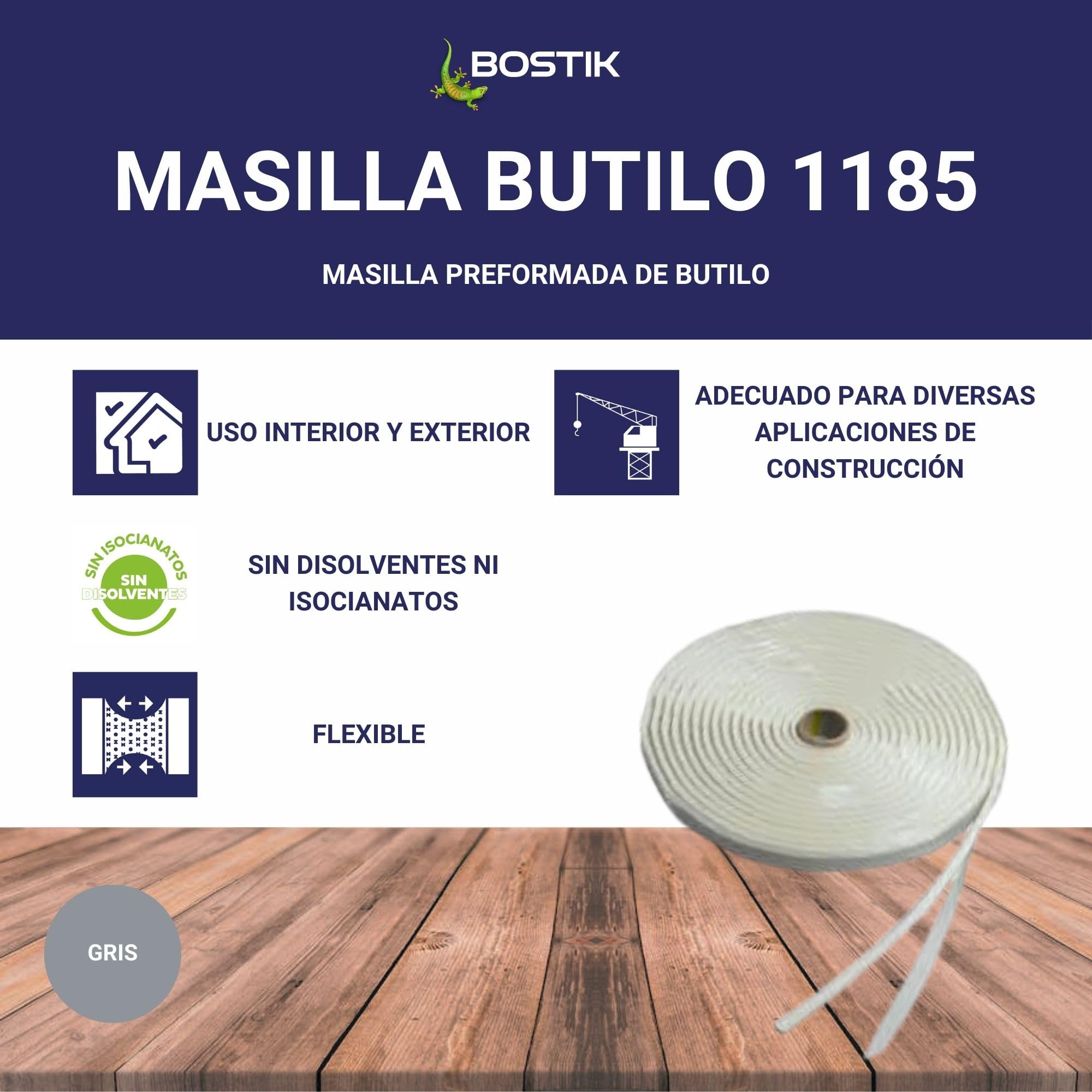 BOSTIK Masilla Butilo 1185 Gris - Masilla Preformada de Butilo, Permanentemente Moldeable, Resistente al Envejecimiento y a Condiciones Atmosféricas, Estable en el Agua, Carrete 25x2 mm (26 m)