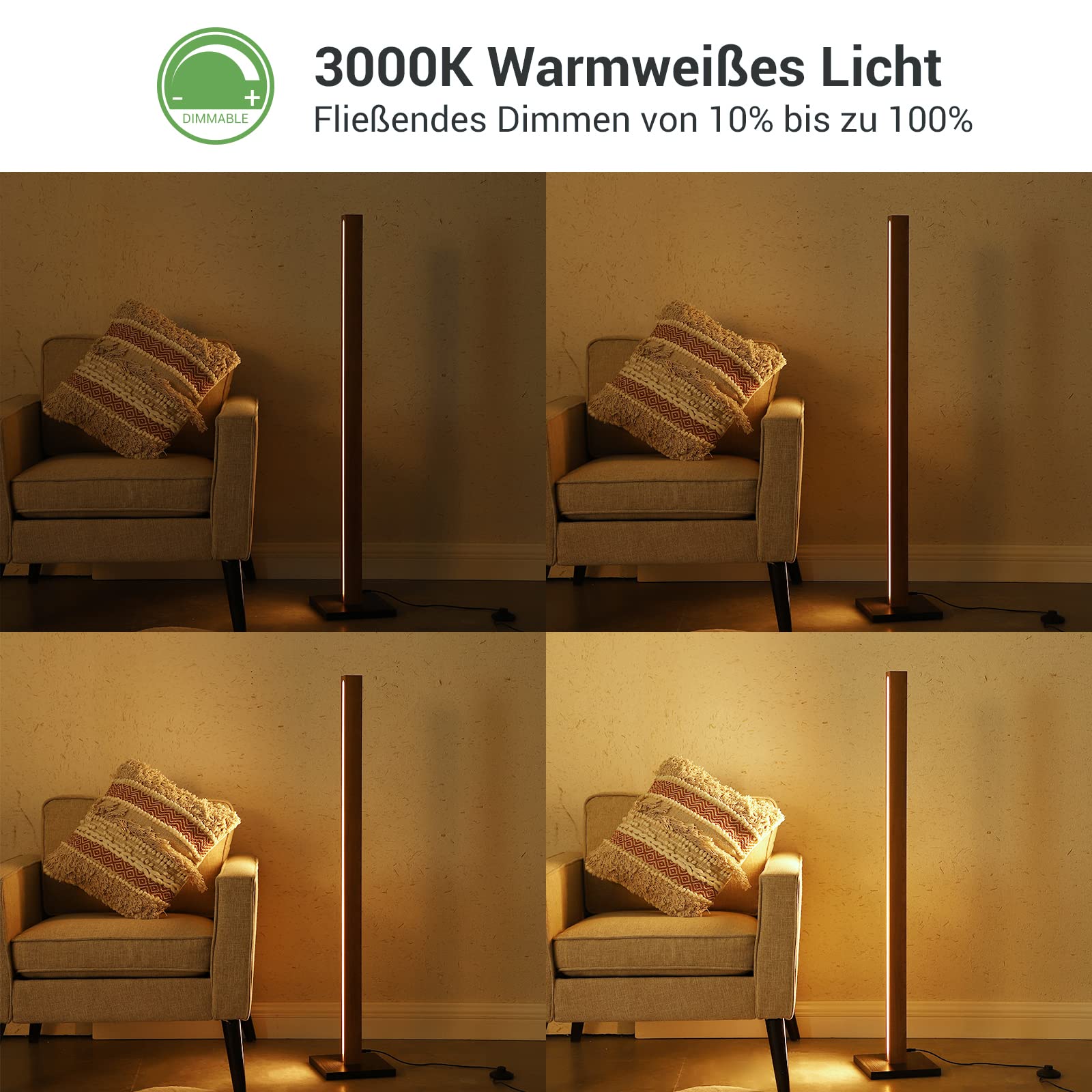 EDISHINE Stehlampe Holz, 18W LED Stehleuchte Dimmbar, Boho Ecklampe, 3000K warmweiß, Vintage Standleuchte mit Fußschalter, 800lm Lichtsäule für Wohnzimmer, Schlafzimmer, Büro