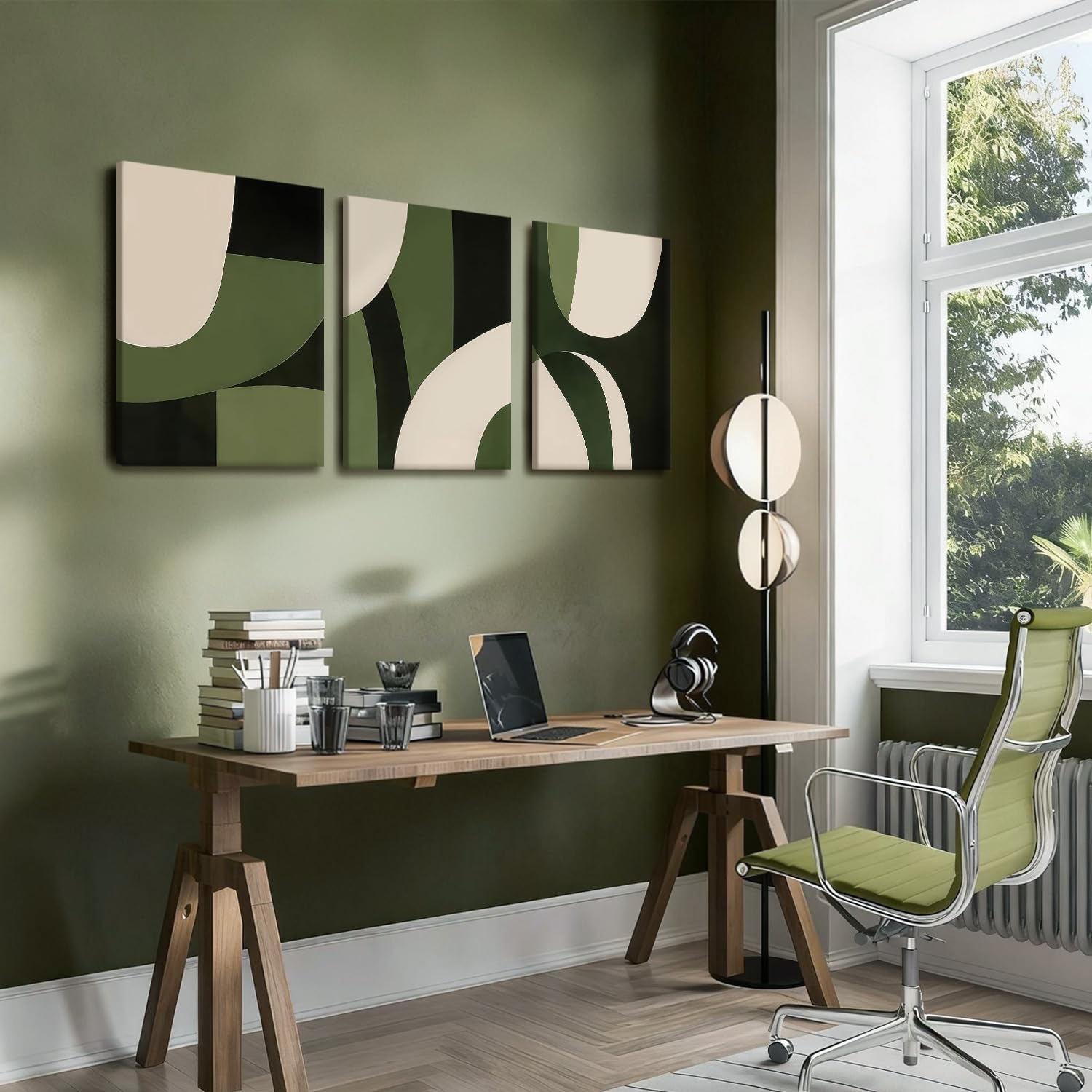 NCCXNCC 3-Pcs Abstract Geometric Canvas Wall Art in Green and Beige Line Artwork Paintings Minimalist Posters Print Medieval Modern Pictures Living Room Bedroom Office Wall Decoration 16x24 inch