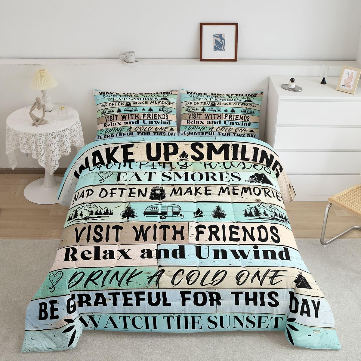 Erosebridal Camping Rules Comforter Set Queen Size, Camper Decor Bedding Set for Travel Trailers, Rustic Farmhouse Bedding Comforter Sets Vintage Wooden Plank Duvet Insert with 2 Pillow Cases