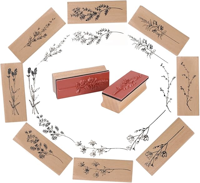 DUTANG 8 Pcs Wooden Stamps for Kids Vintage Wooden Printing Stamp Set Plant and Flower Decorative Wood Mounted Rubber Stamps for Card Making Letters Journaling Scrapbooking Wedding Gift Tags