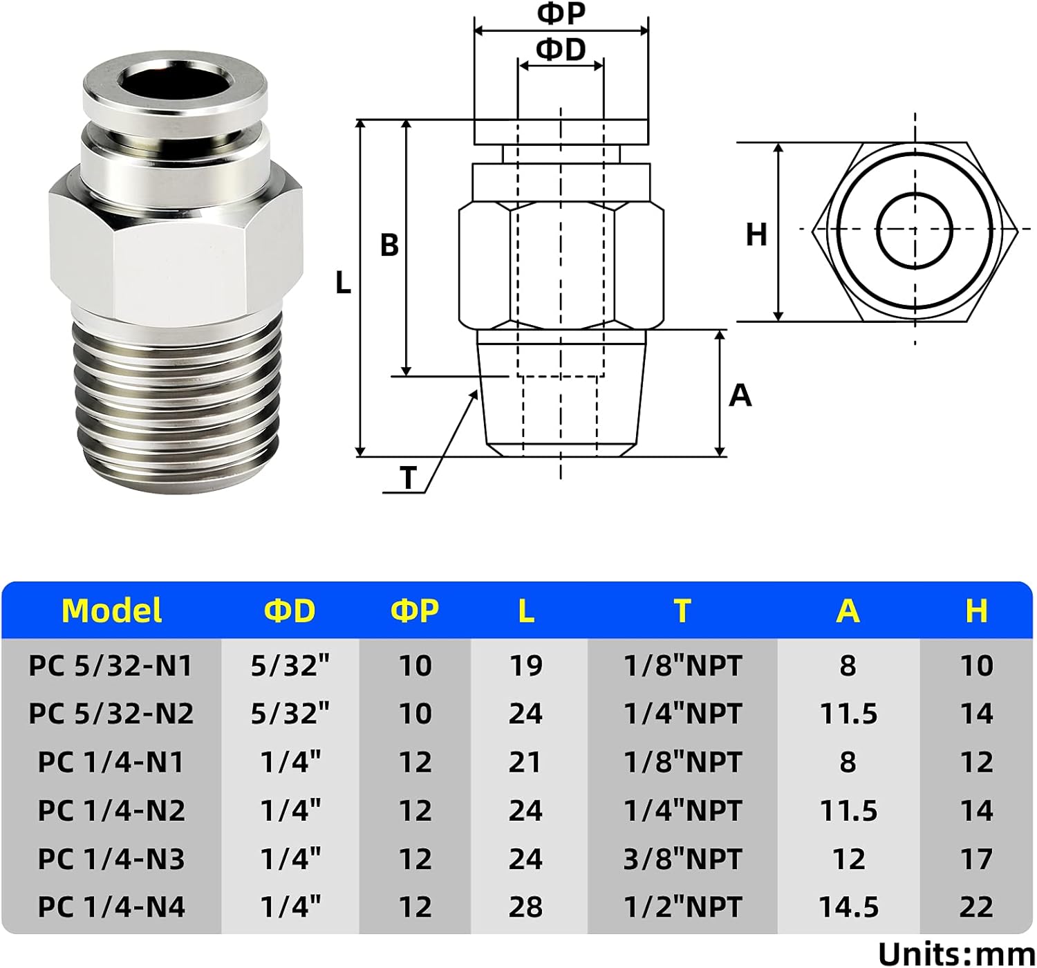 TAILONZ PNEUMATIC Stainless Steel Male Straight 1/4 Inch Tube OD x 1/4 Inch NPT Thread Push to Connect Fittings PC-1/4-N2 (Pack of 2) : Industrial & Scientific