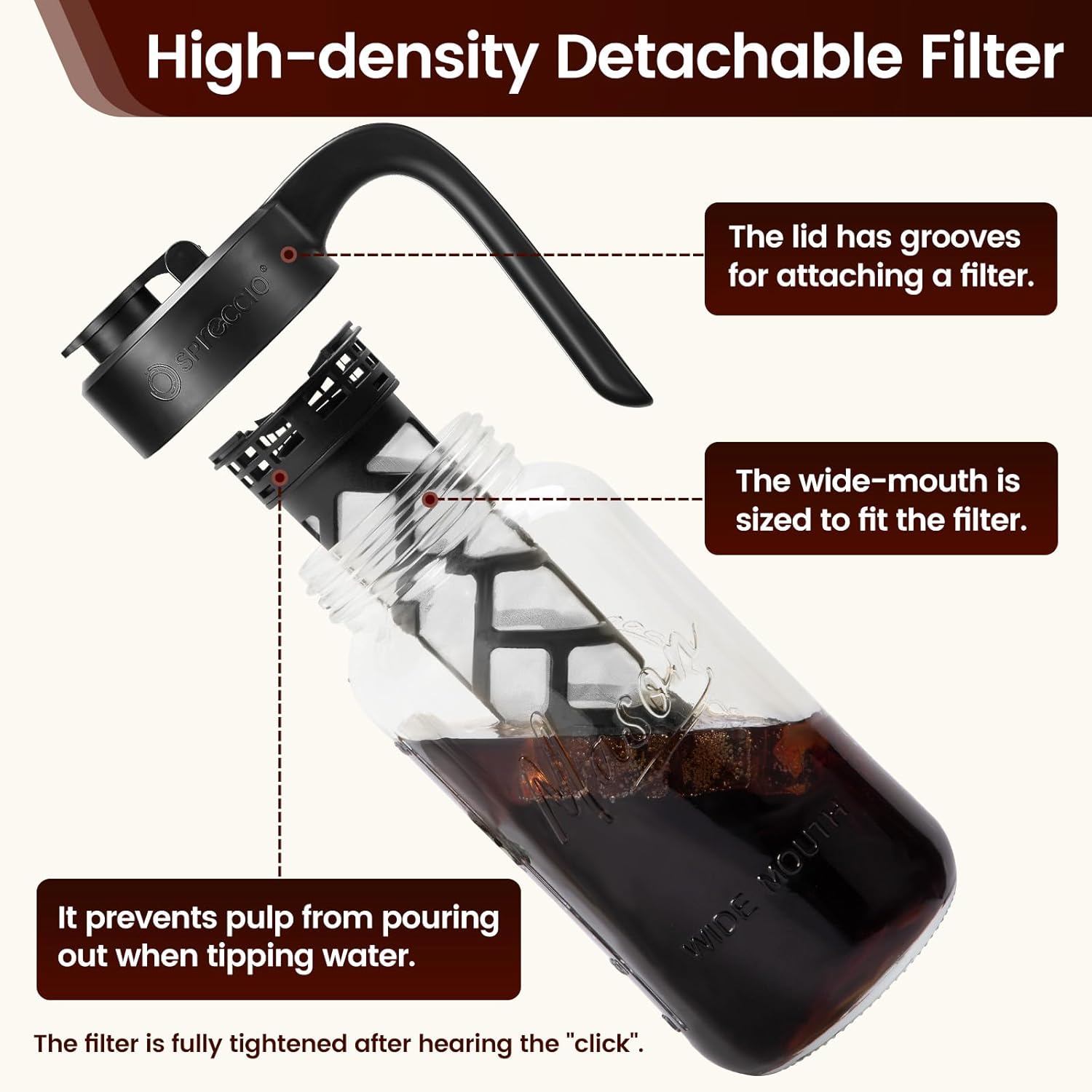 Cold Brew Coffee Maker Glass, Airtight & Leakproof Mason Jar Pitcher with Cold Brew Filter, 64 oz Glass Pitcher with Lid for Iced Coffee, Lemonade, Ice Tea - Image 4