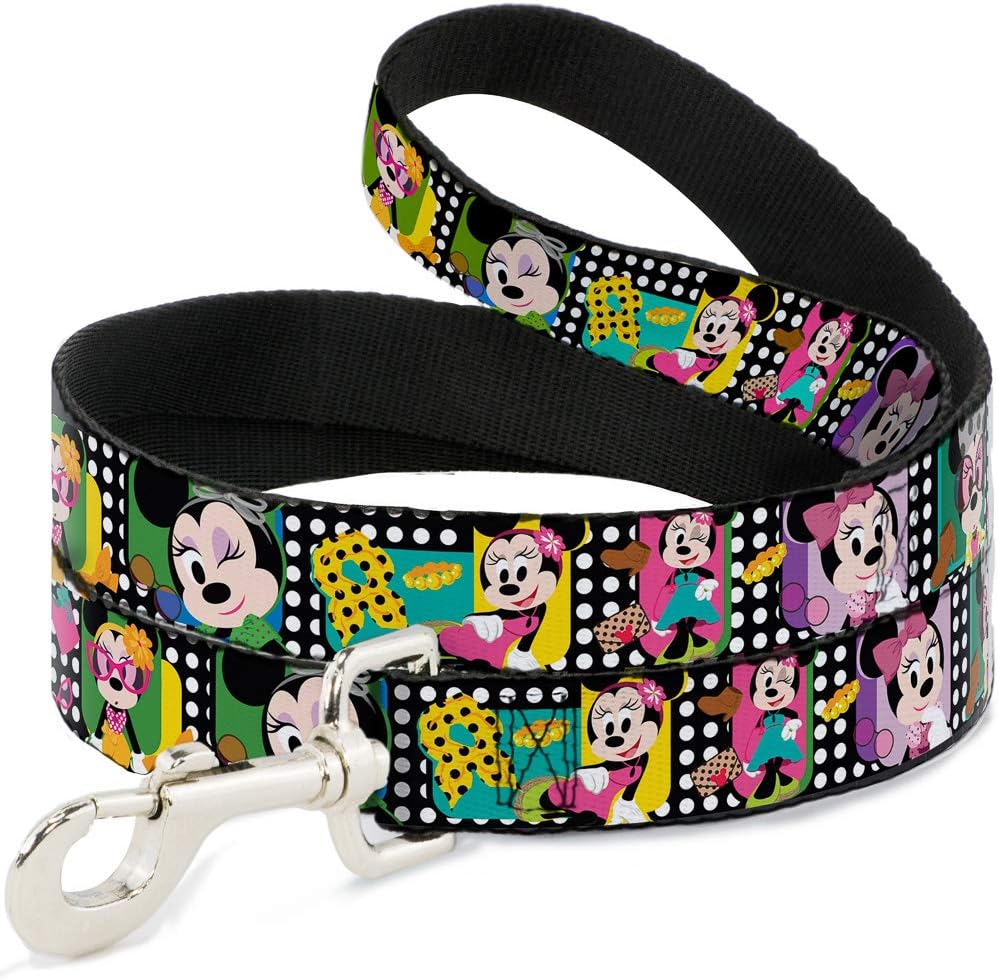 Buckle-Down Pet Leash - Mini Minnie Fashion Poses/Polka Dot Black/White/Multi Color - 6 Feet Long - 1" Wide