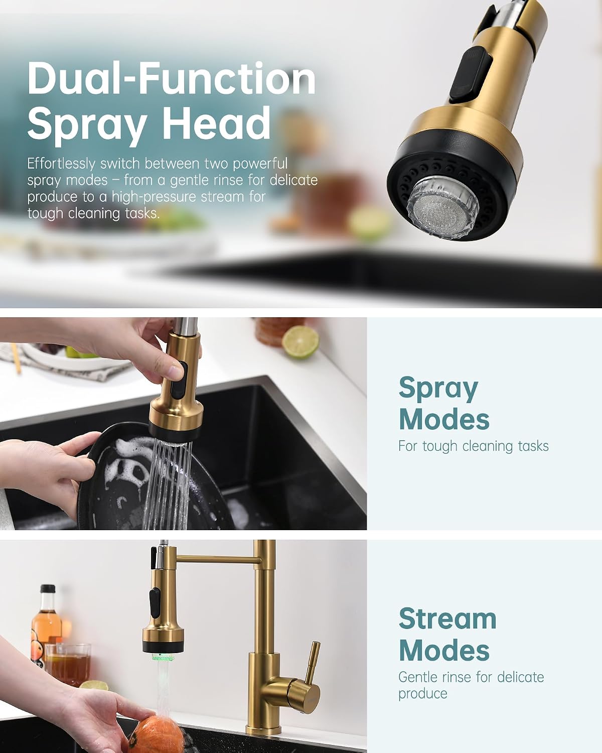 GIMILI Gold LED Kitchen Faucet with Soap Dispenser and Pull Down Sprayer image 4