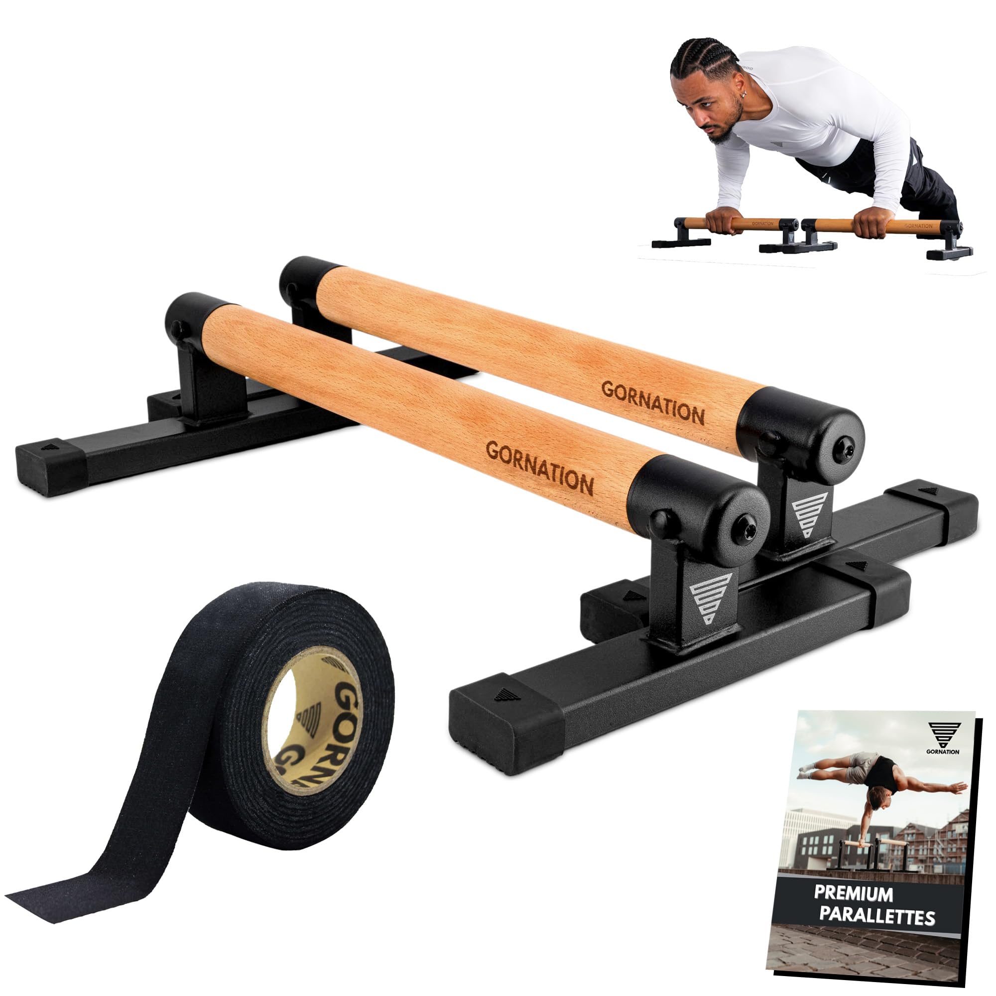 GORNATION Parallettes, inkl. Grip Tape, Calisthenics Equipment für Handstand & Push Ups, Liegestützgriffe mit Griffen/Stangen aus Holz, Push-Up Bars für Fitness zuhause & Outdoor