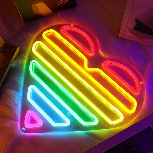 Miniatura 2 de ENUOLI Letrero de neón de corazón acrílico, diseño de corazón arcoíris para decoración de pared, lámpara de decoración regulable alimentada por USB,