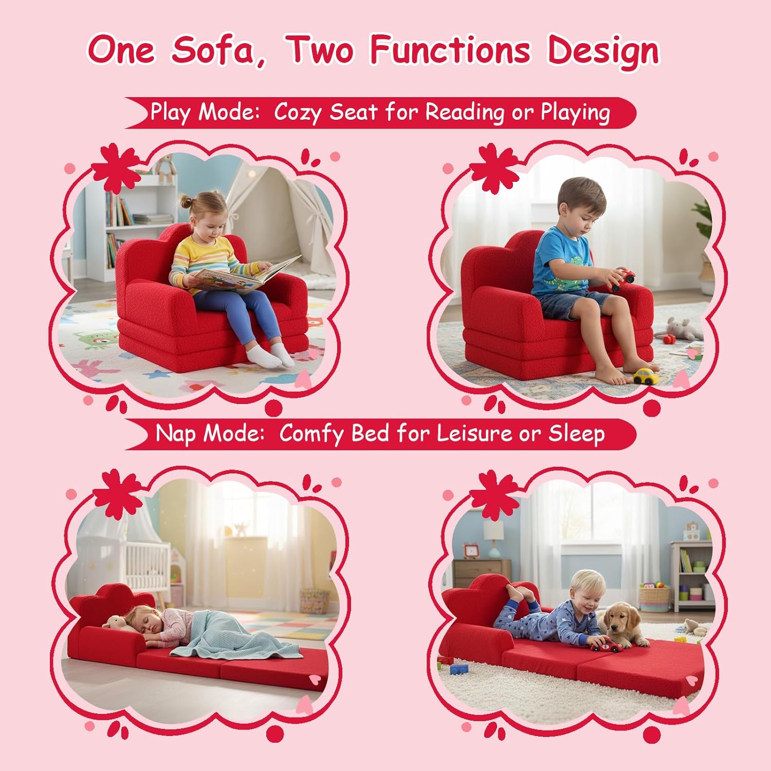 Tiita Kids Sofa, 2-in-1 Soft Toddler Couch Fold Out, Cloud-Like Comfy Couch Toddler Reading Chair with Carrying Handle Washable Cover, Kids Furniture for Boys and Girls