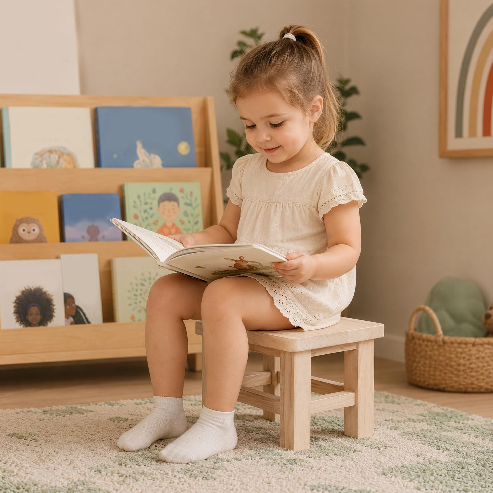 PRETYZOOM Petit Tabouret en Bois Massif Beige, Changez Vos Chaussures