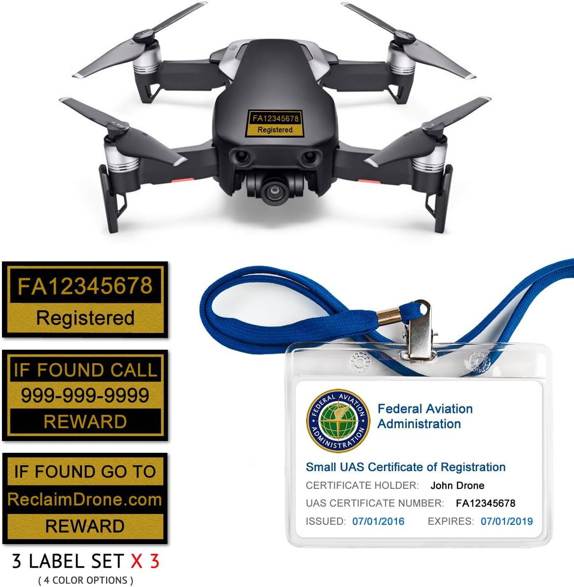 Mavic Air - FAA Drone Identification Bundle - Labels (3 Sets of 3) + FAA UAS Registration ID Card for Hobbyist Pilots + Lanyard and ID Card Holder - Onyx Black Shown
